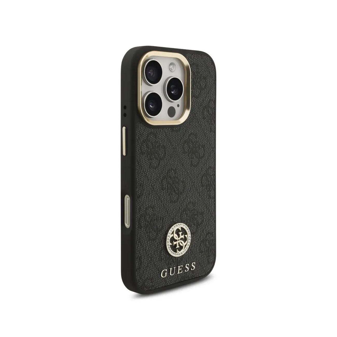 Funda negra Guess para teléfono con borde dorado alrededor de la cámara, patrón.