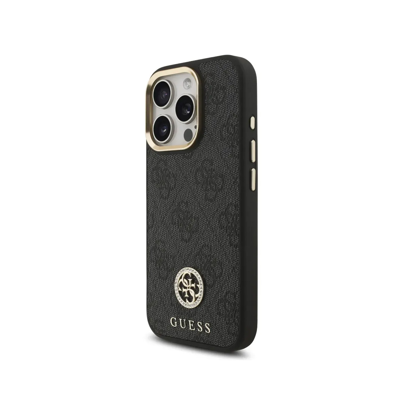 Funda de teléfono negra con logo Guess y bisel dorado para cámara sobre fondo blanco.
