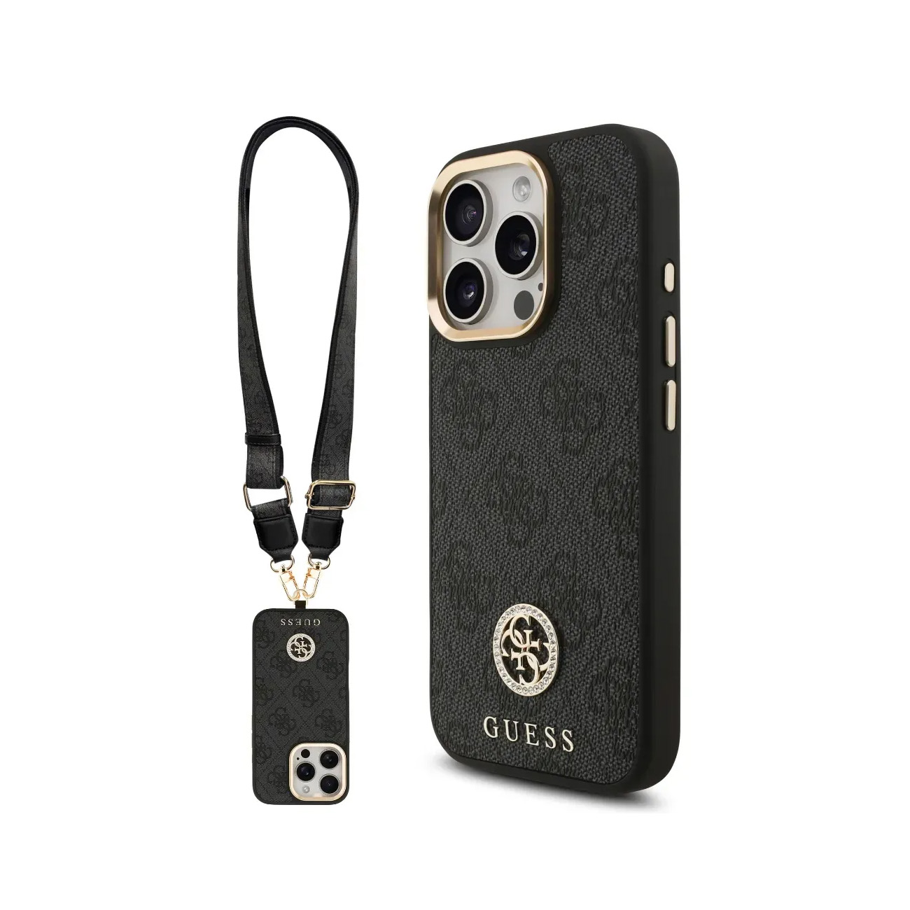 Funda negra Guess con logo y correa para iPhone. Detalles dorados.