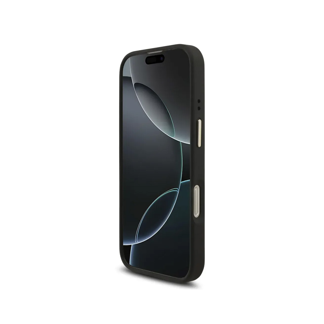 Un smartphone negro con fondo de pantalla oscuro, aislado sobre fondo blanco.