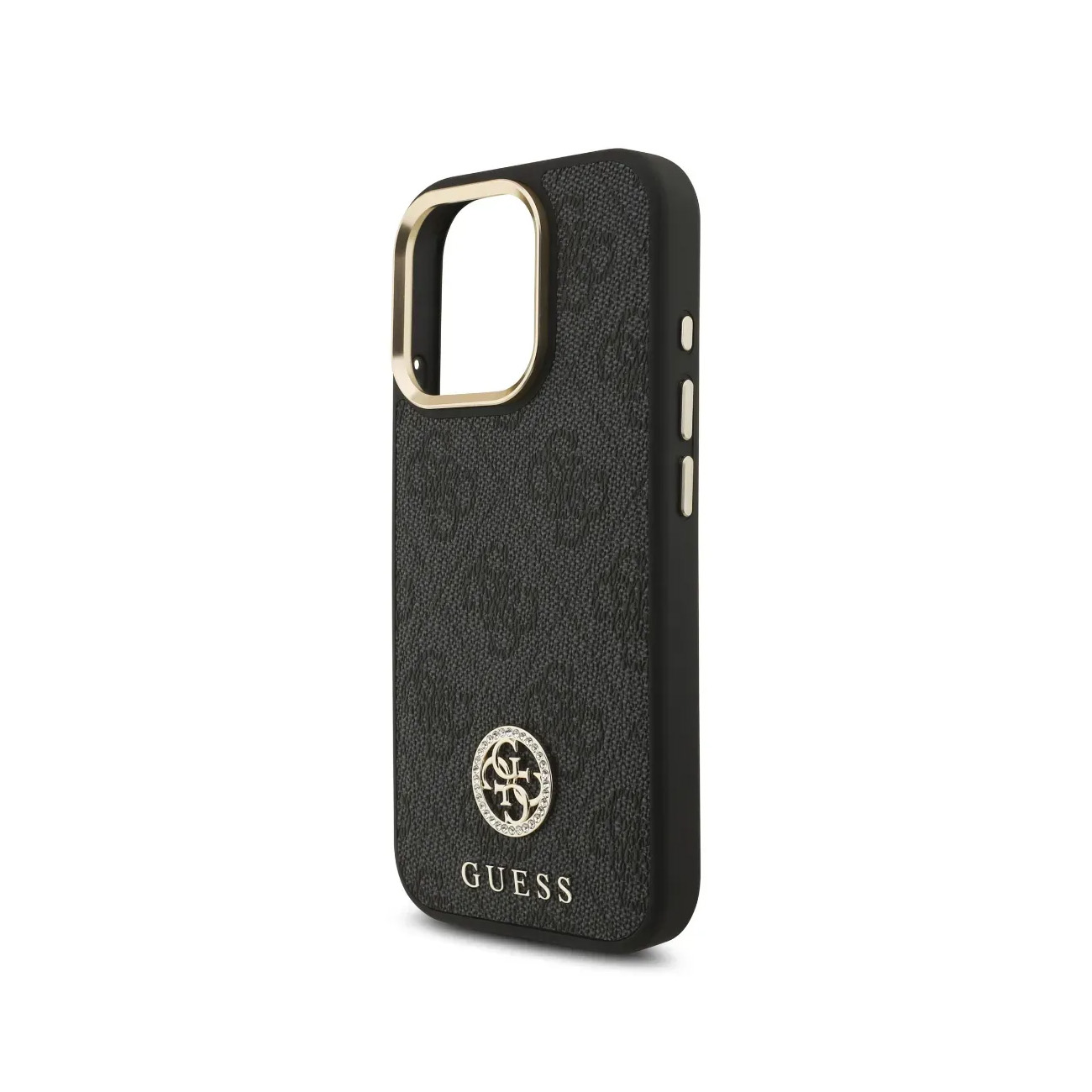 Funda negra Guess para teléfono con borde dorado y logo sobre fondo blanco.
