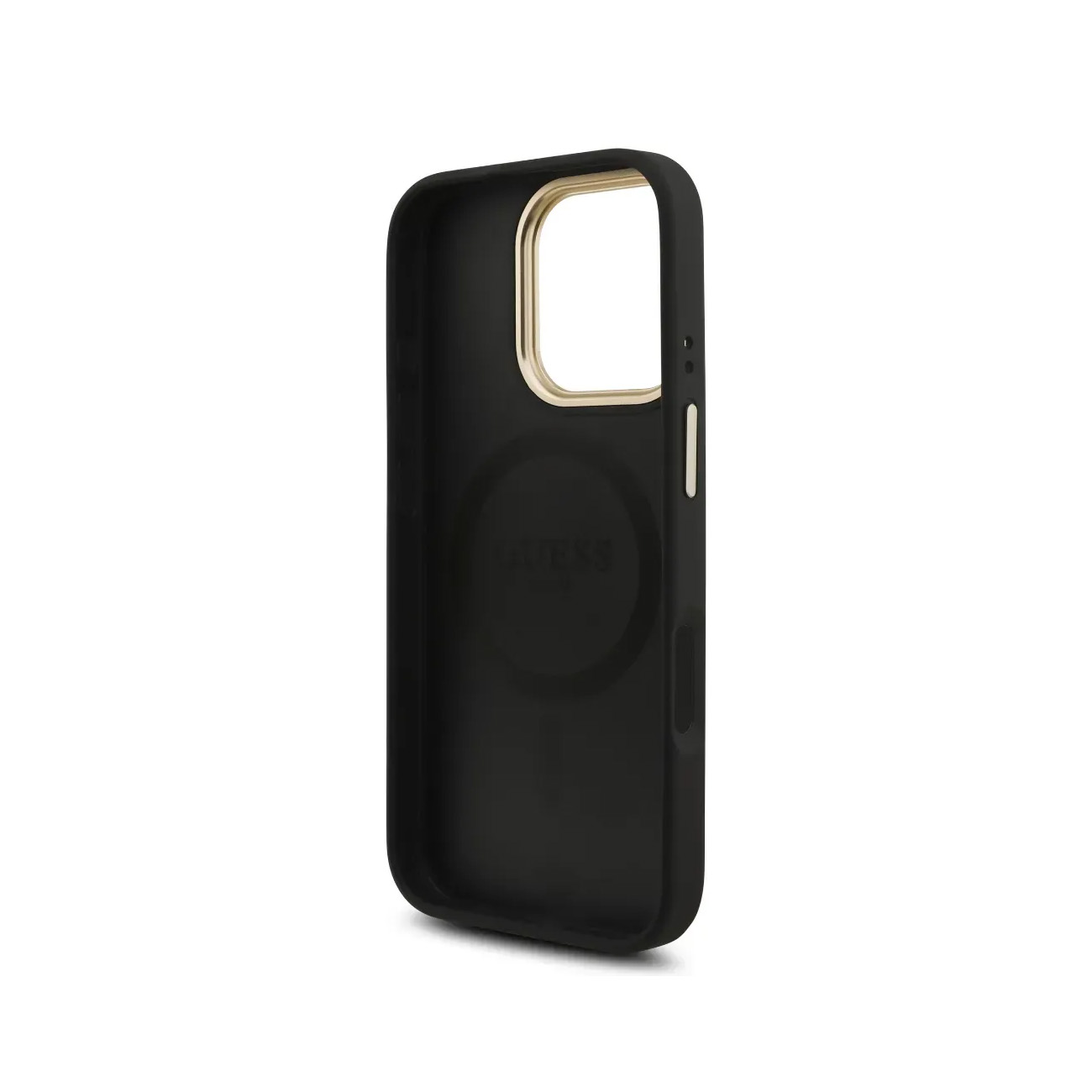 Funda negra para iPhone con borde dorado y logo Guess.