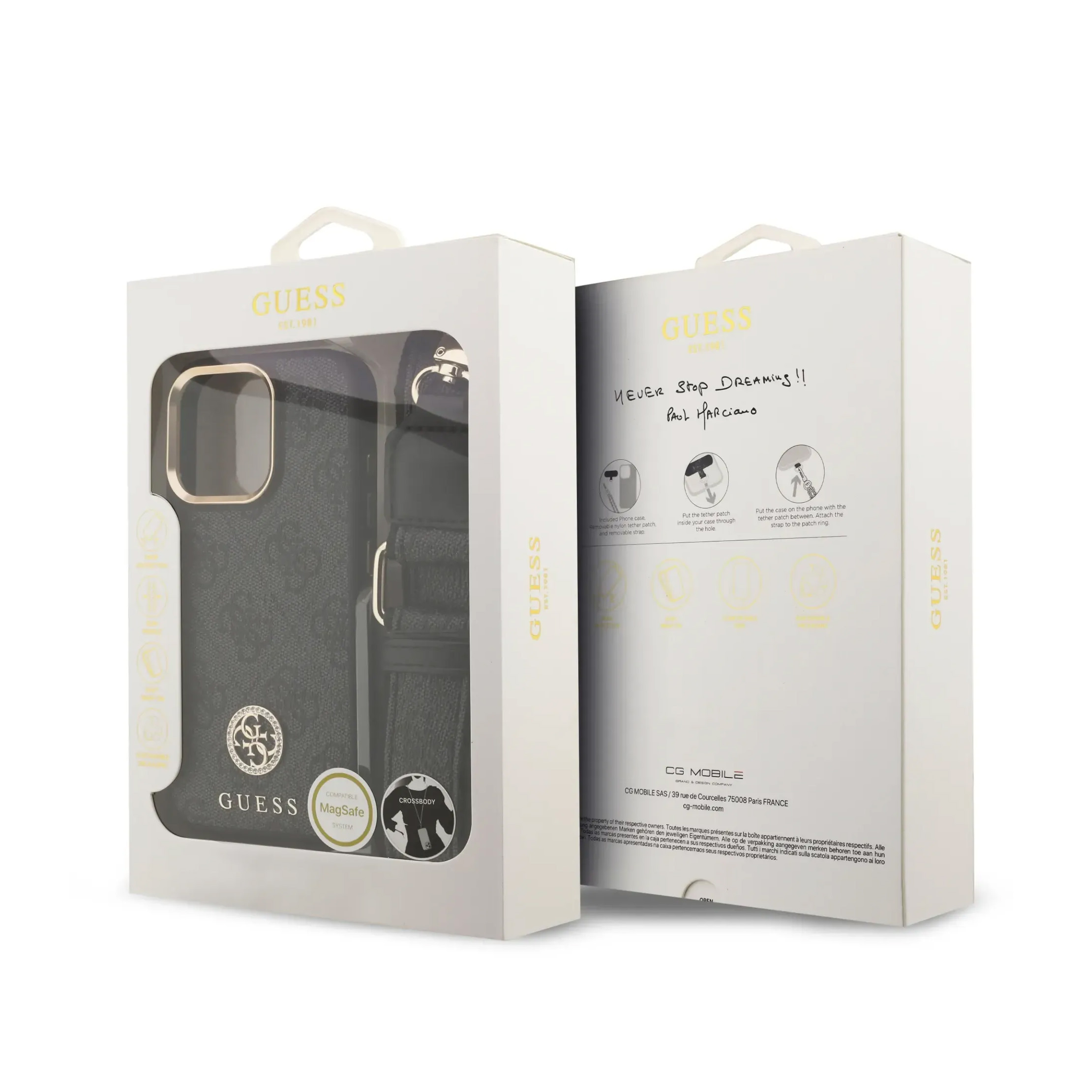 Funda Guess para teléfono compatible con MagSafe y correa cruzada.