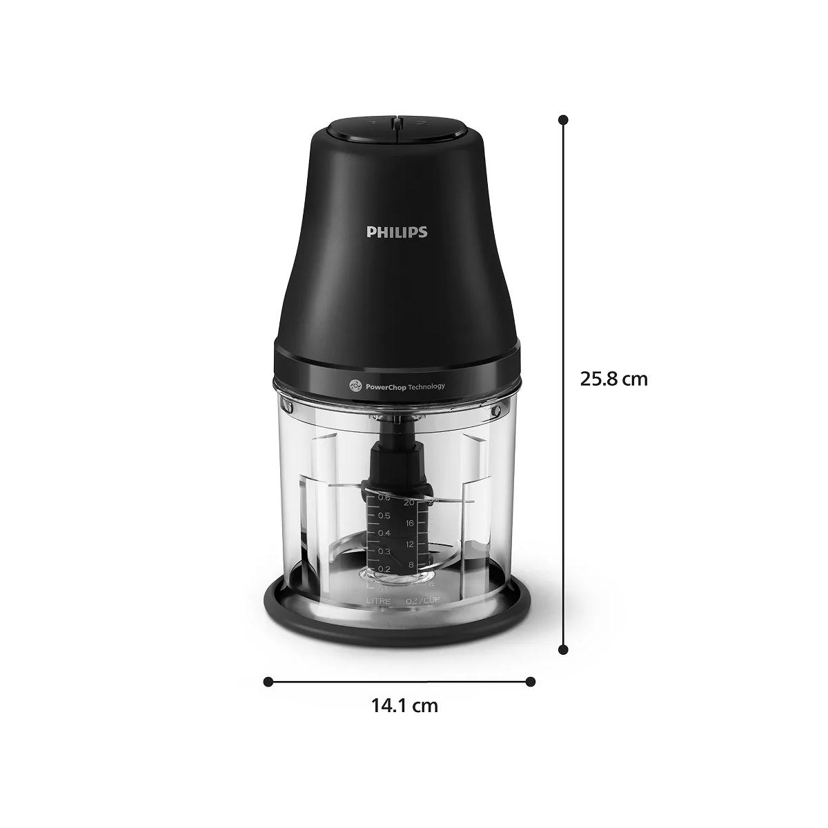 Czarny chopper Philips z miarka i ostrzami. Wysokofaga 25,8 cm, szerokof 14,1 cm.
