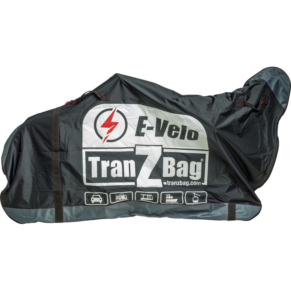 Housse de protection noire pour vélo avec inscription E-Velo Tranz Bag et icônes de transport.