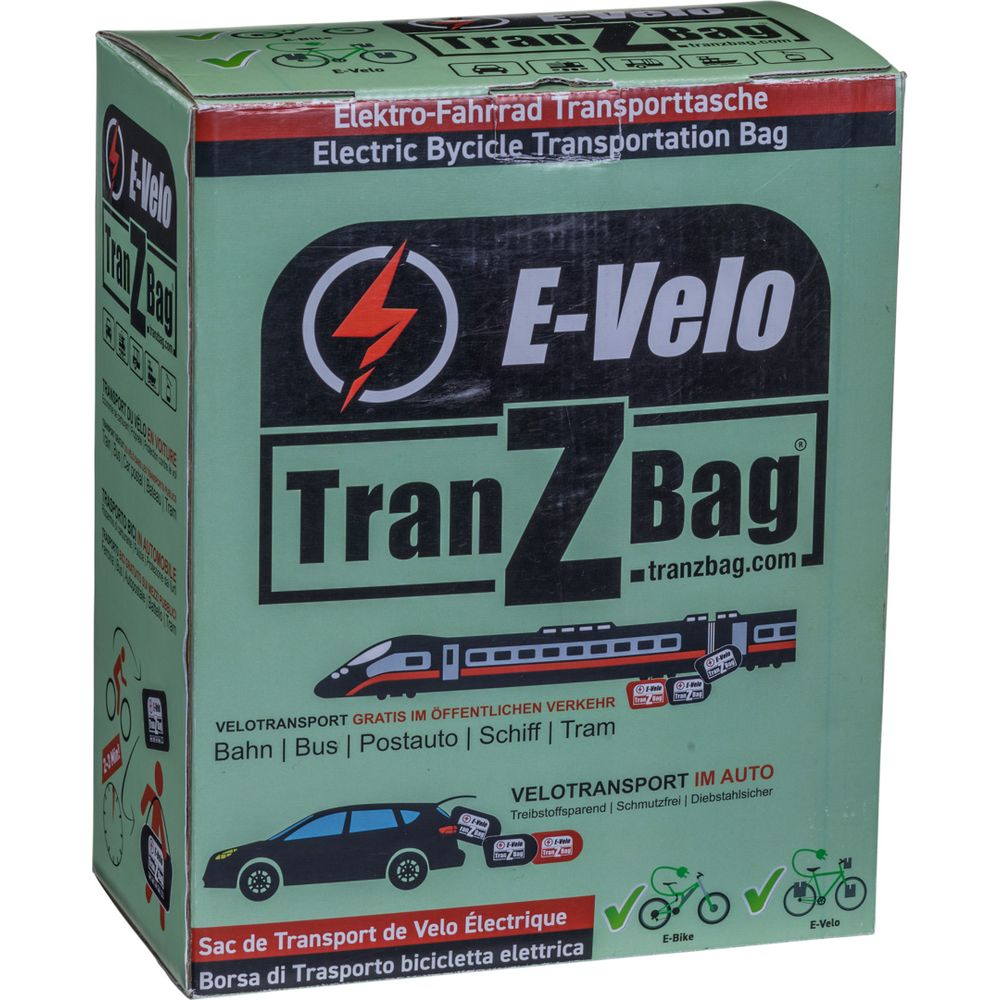 Emballage pour sac de transport E-bike avec images de train, voiture et vélos.