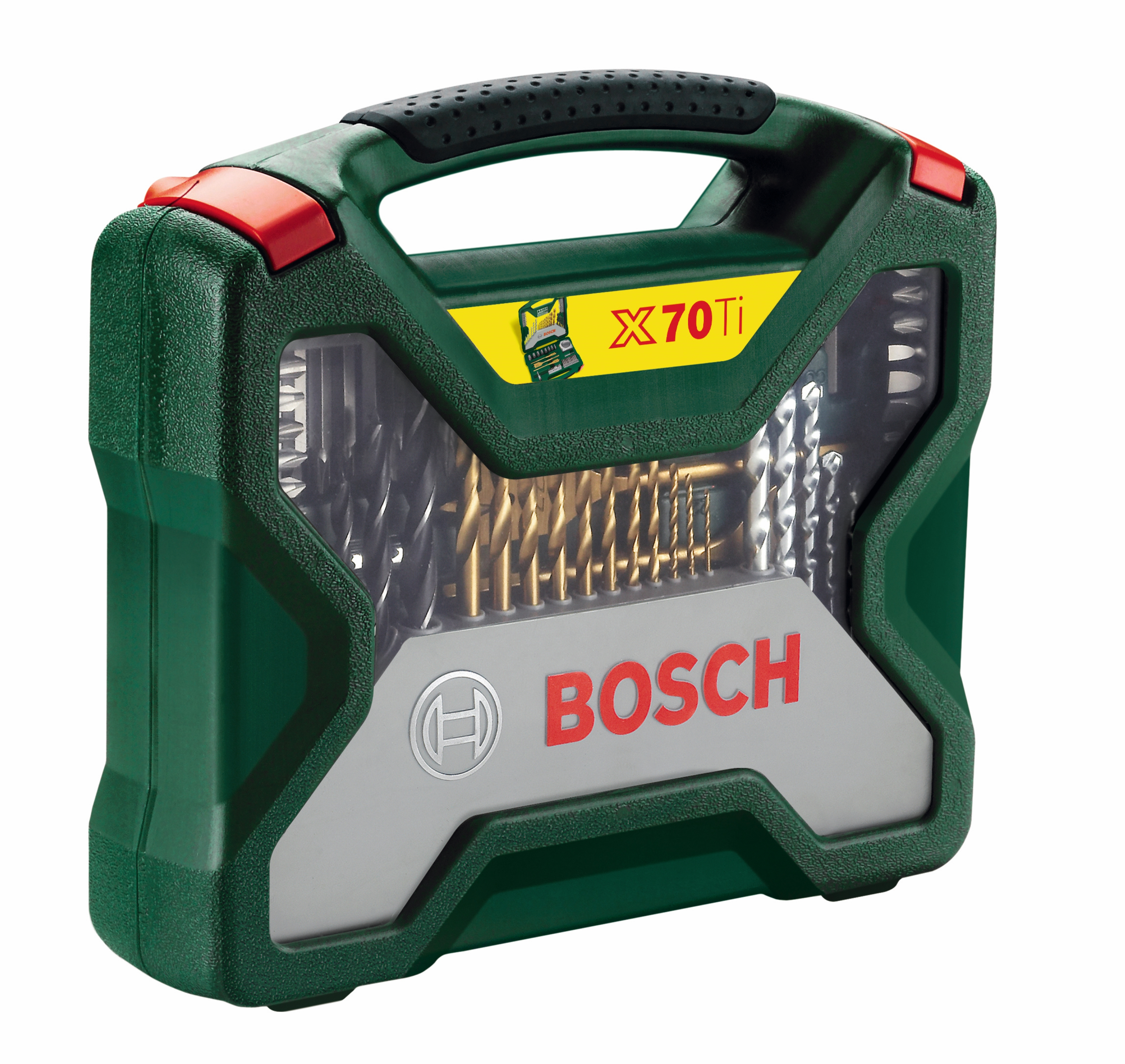 Grüner Bosch-Bohrer-Koffer mit rotem Griff und silbernem Bosch-Logo.