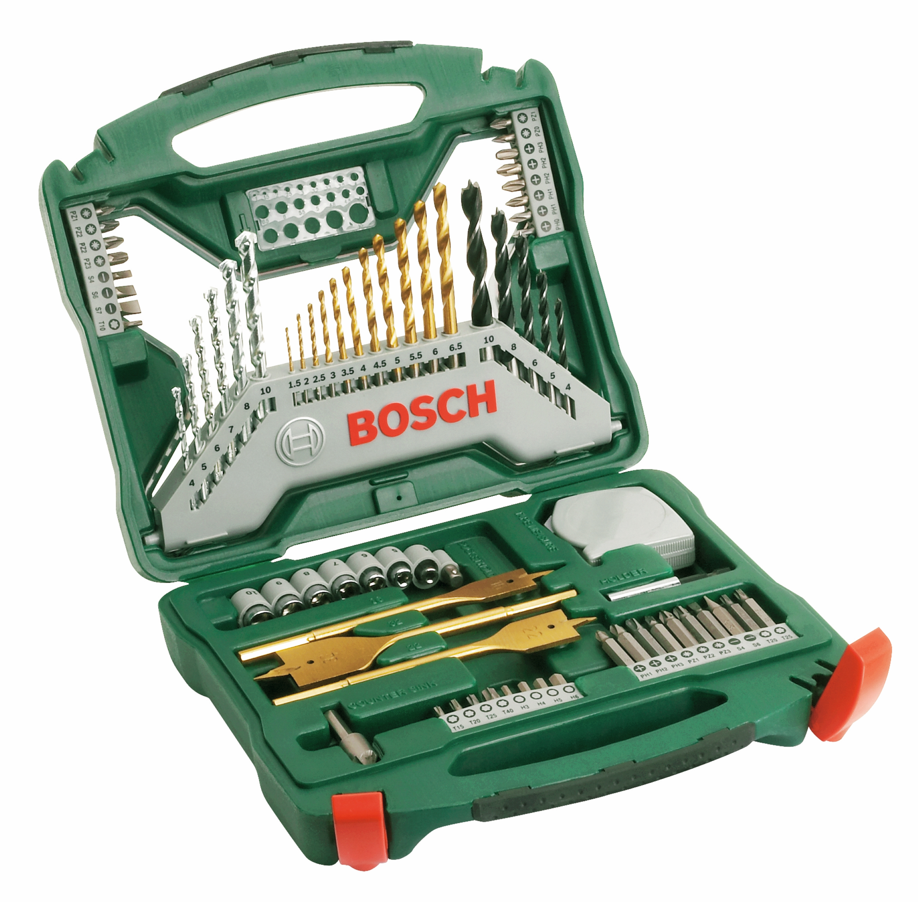 Grüner Koffer mit Bosch Werkzeug-Set: Bohrer, Bits und Zubehör.