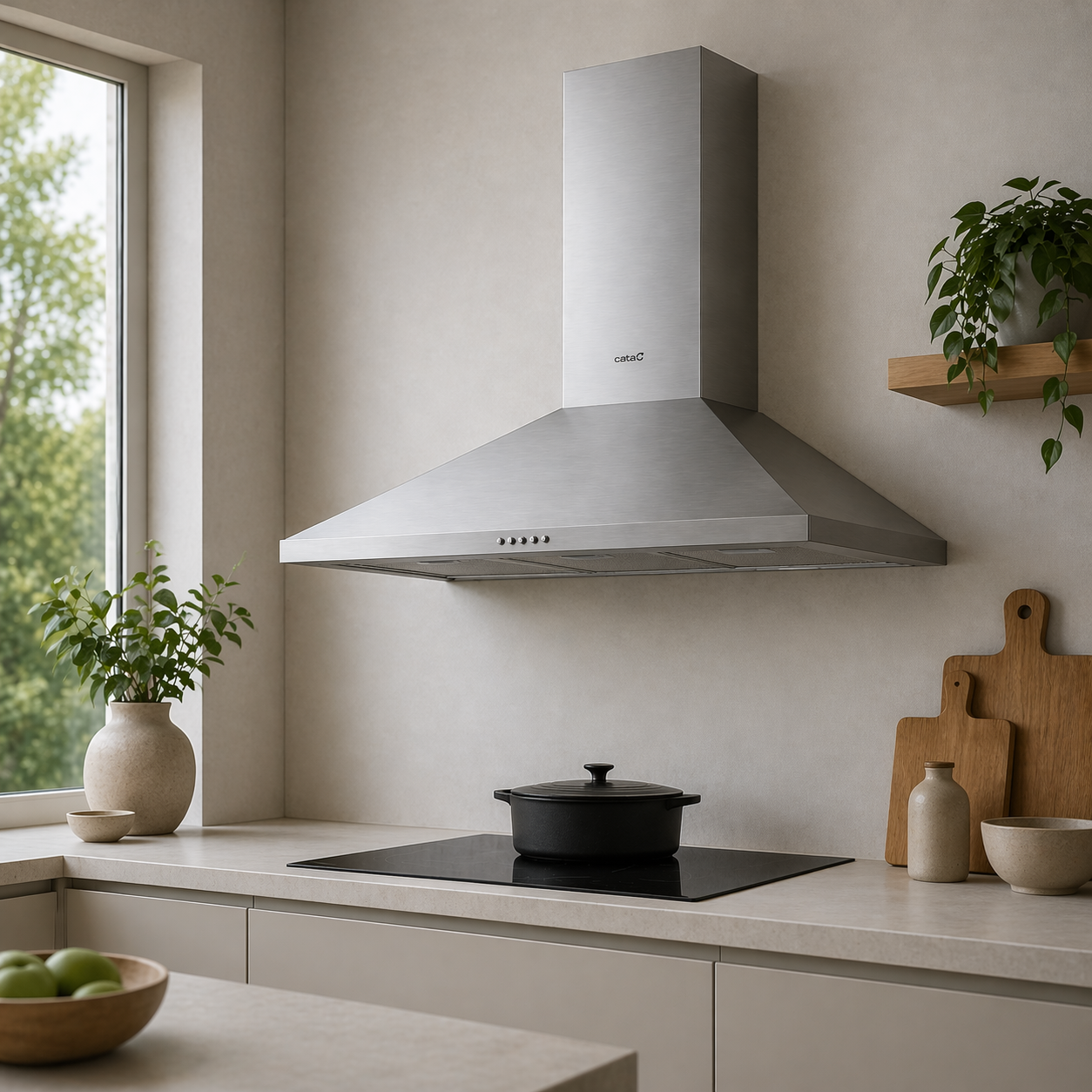 Una cocina moderna con una campana extractora de acero inoxidable sobre una placa de inducción negra.