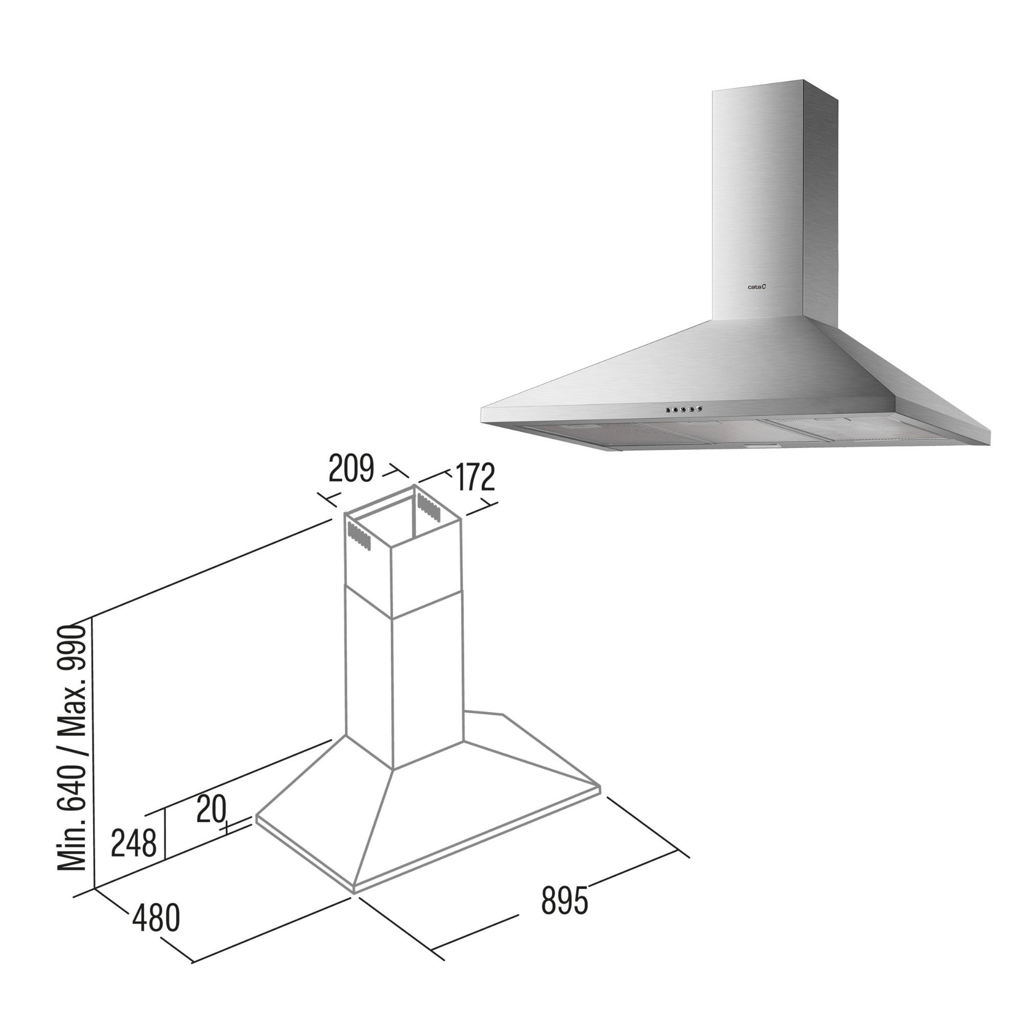 Campana extractora de cocina de acero inoxidable con dimensiones y diagrama.