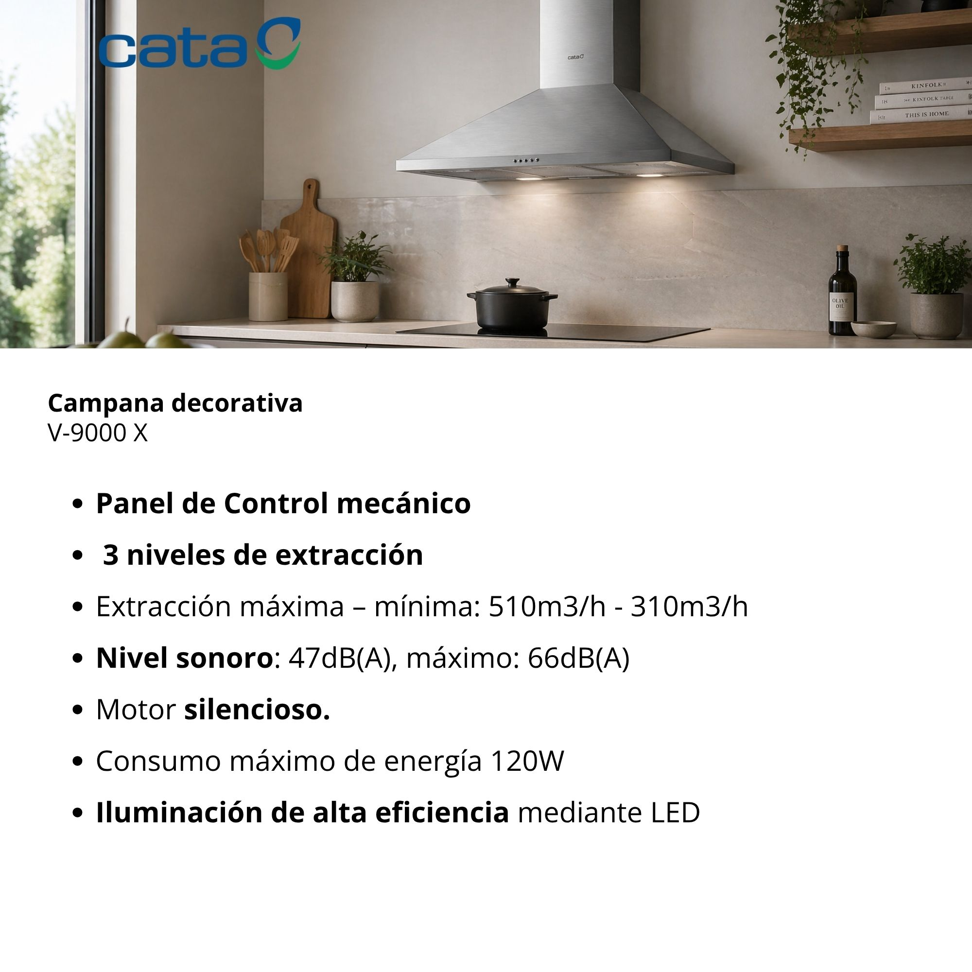 Campana extractora de acero inoxidable sobre vitrocerámica negra con olla.
