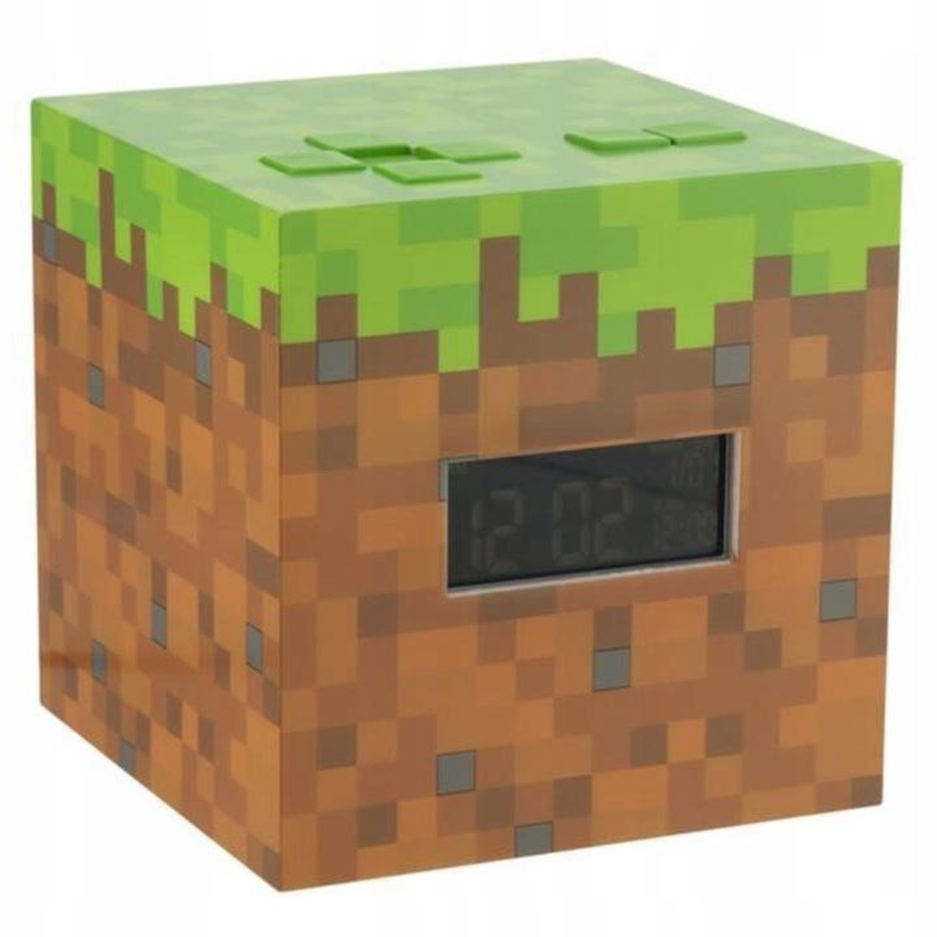Budzik w kształcie bloku Minecraft z teksturą trawy i ziemi.