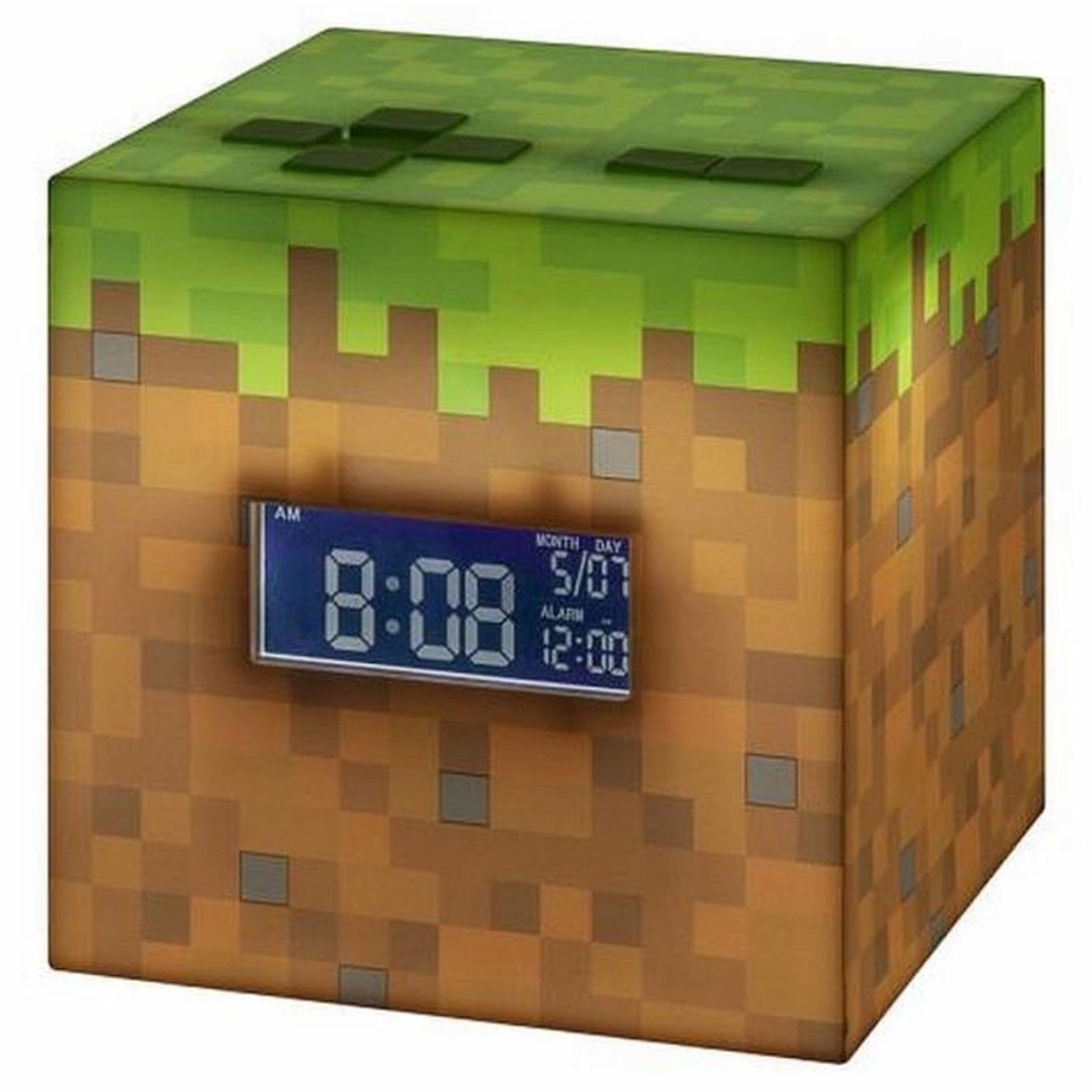 Kostka zegarowa w stylu Minecraft z cyfrowym wyświetlaczem czasu.