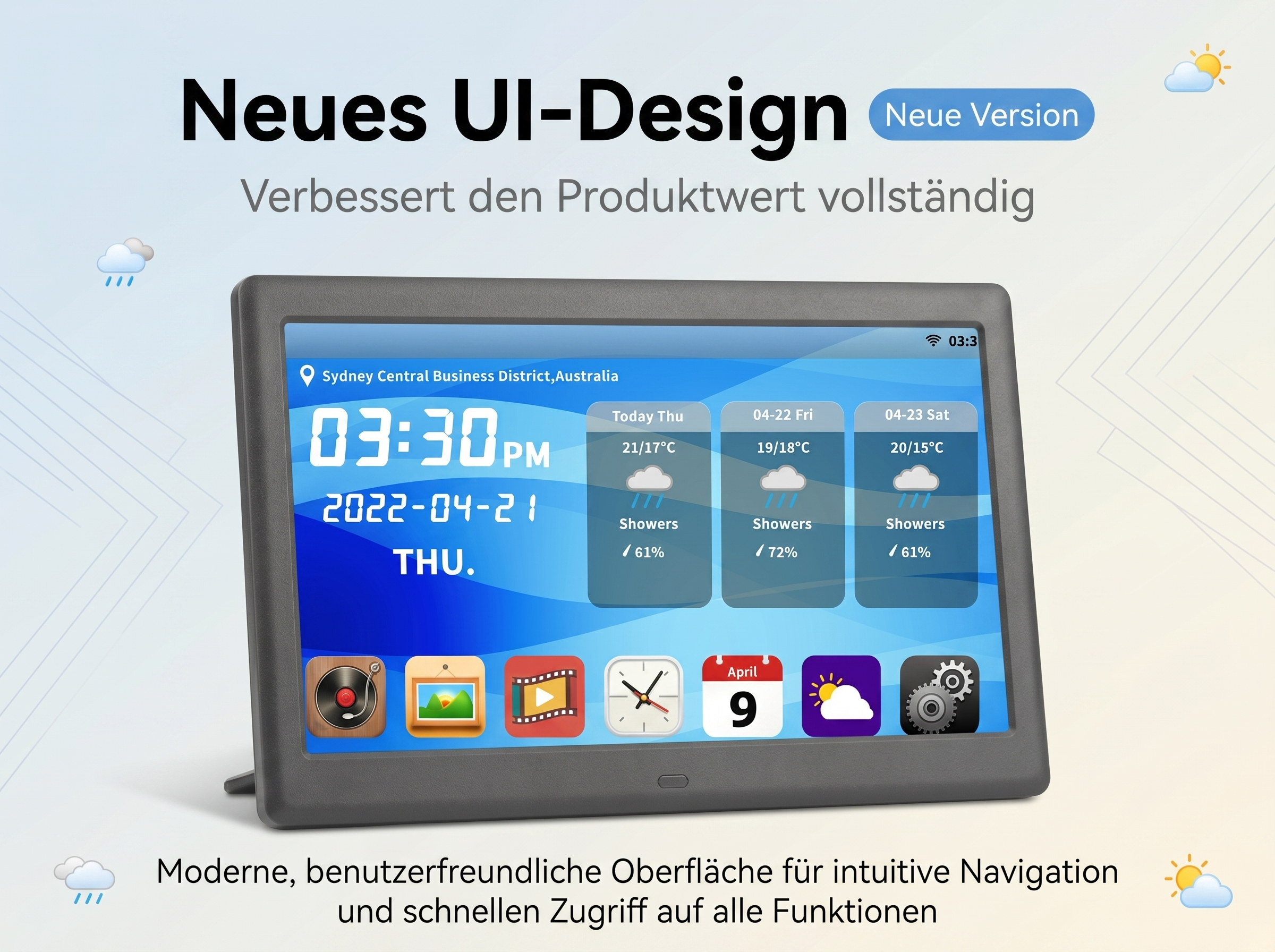 Ein Tablet zeigt das Wetter in Sydney an. Es gibt auch App-Icons.