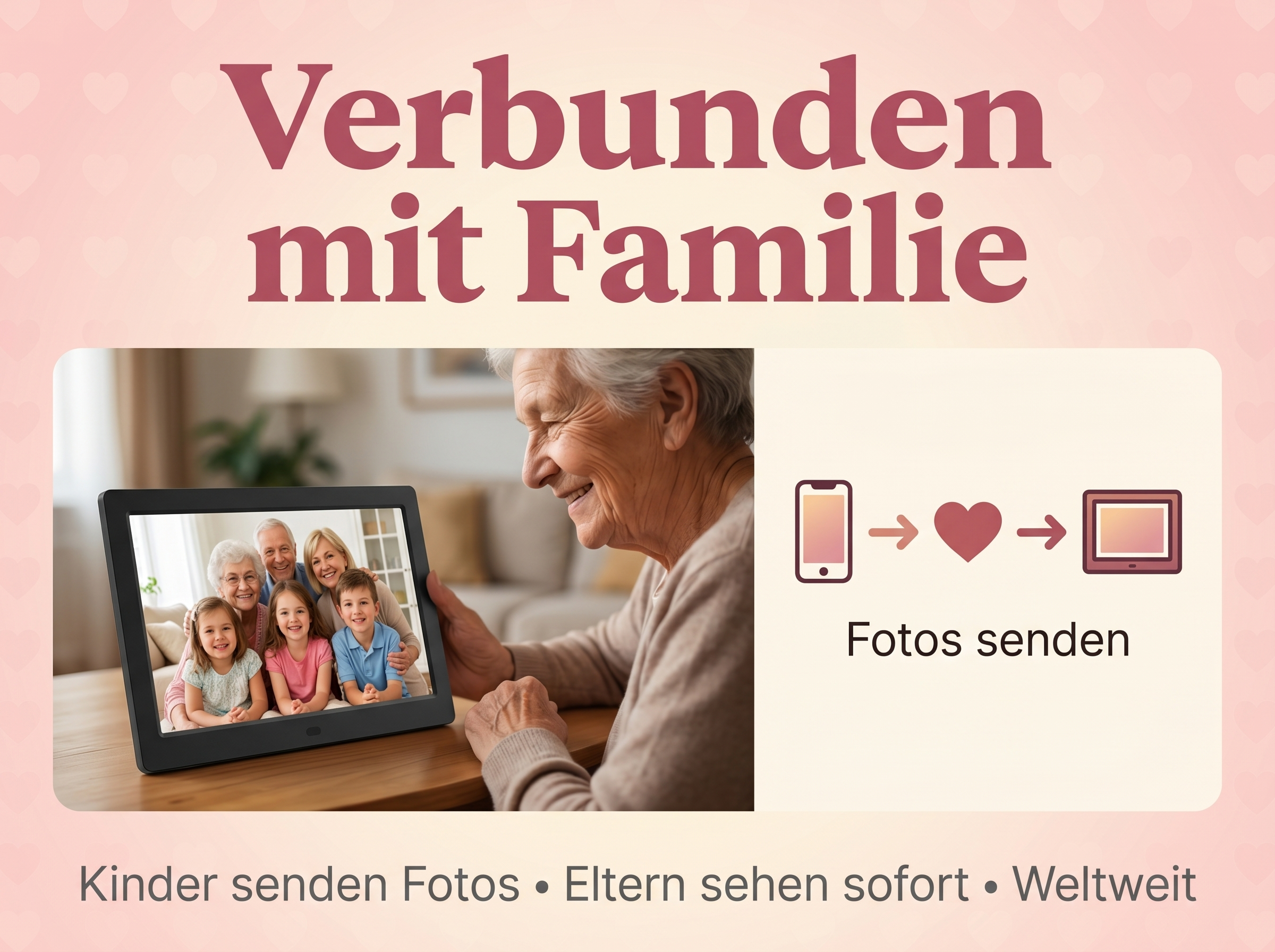 Ältere Frau schaut auf ein digitales Fotorahmen mit Familie. Text: Fotos senden.