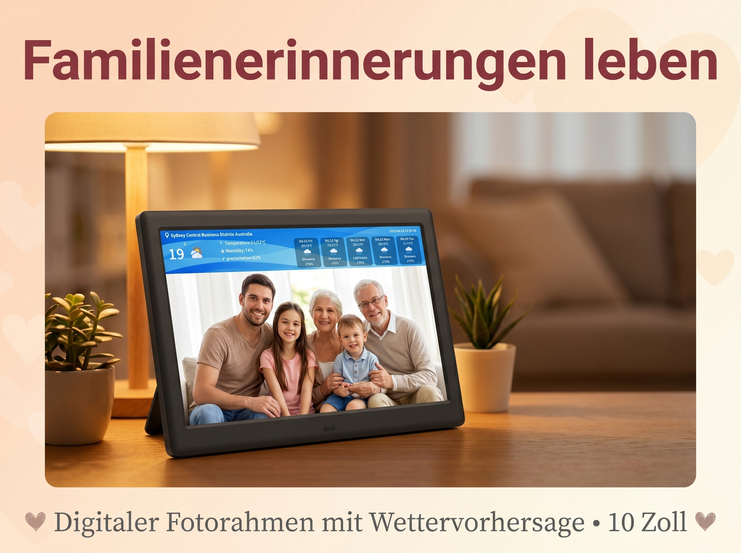 Digitaler Fotorahmen mit Familie und Wetteranzeige auf einem Holztisch.