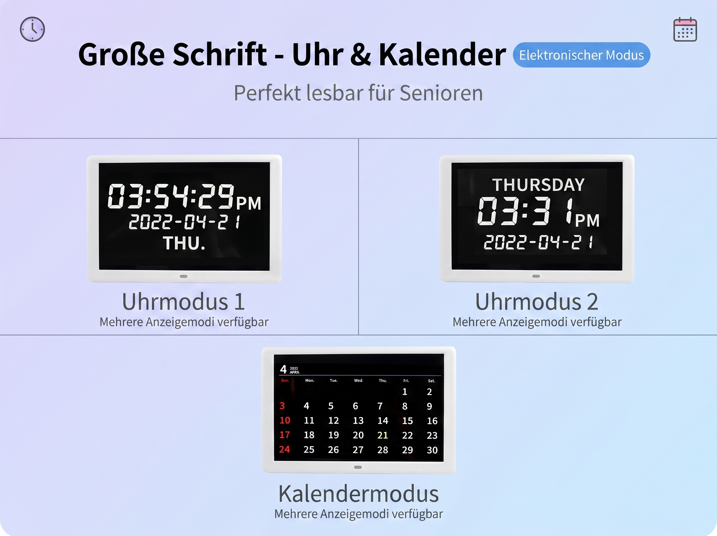 Große Schrift: Uhrzeit (03:54) und Datum (2022-04-21) sowie Kalenderansicht.