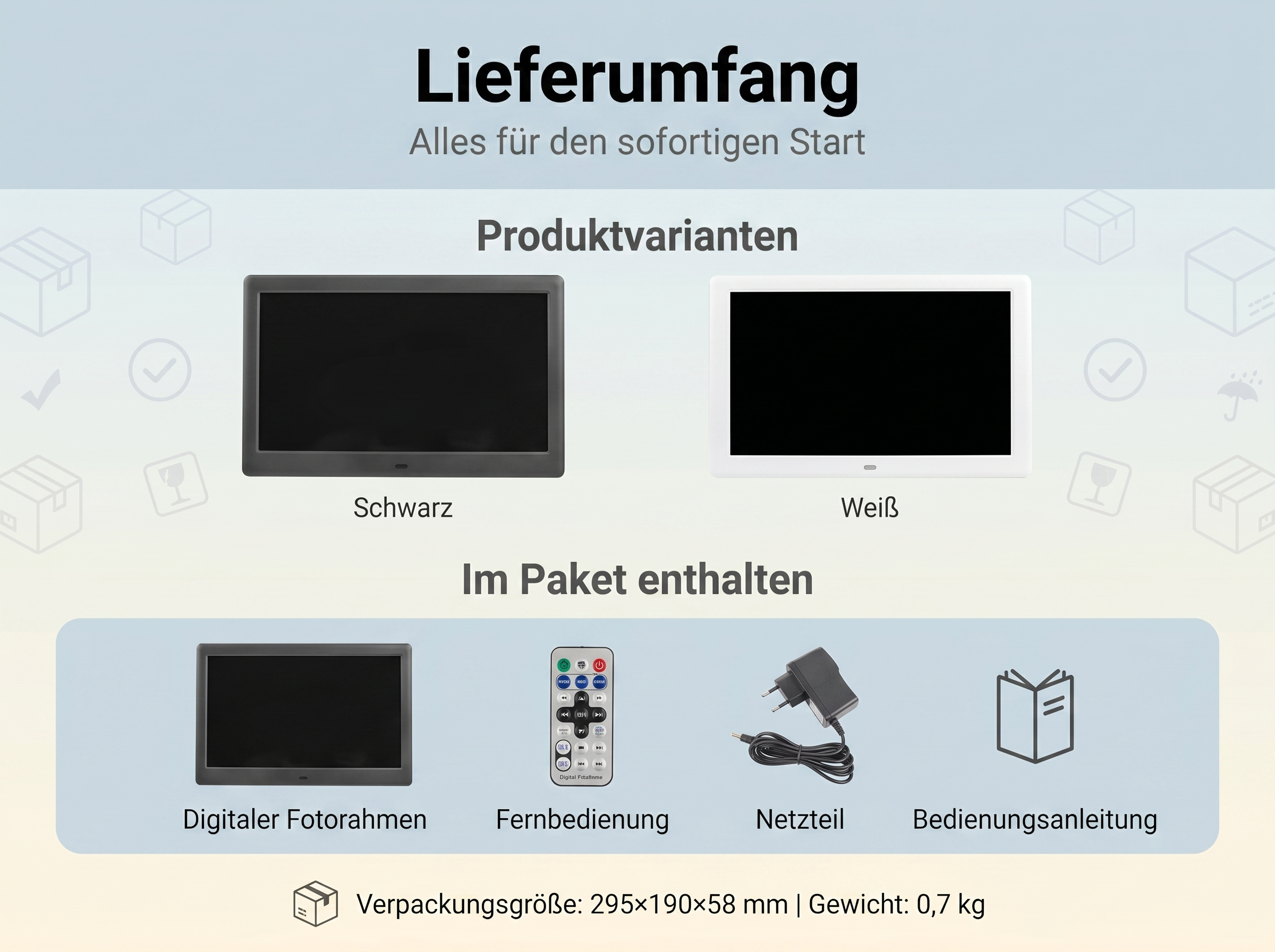 Zwei digitale Fotorahmen: schwarz und weiß. Mit Fernbedienung, Netzteil, Anleitung.
