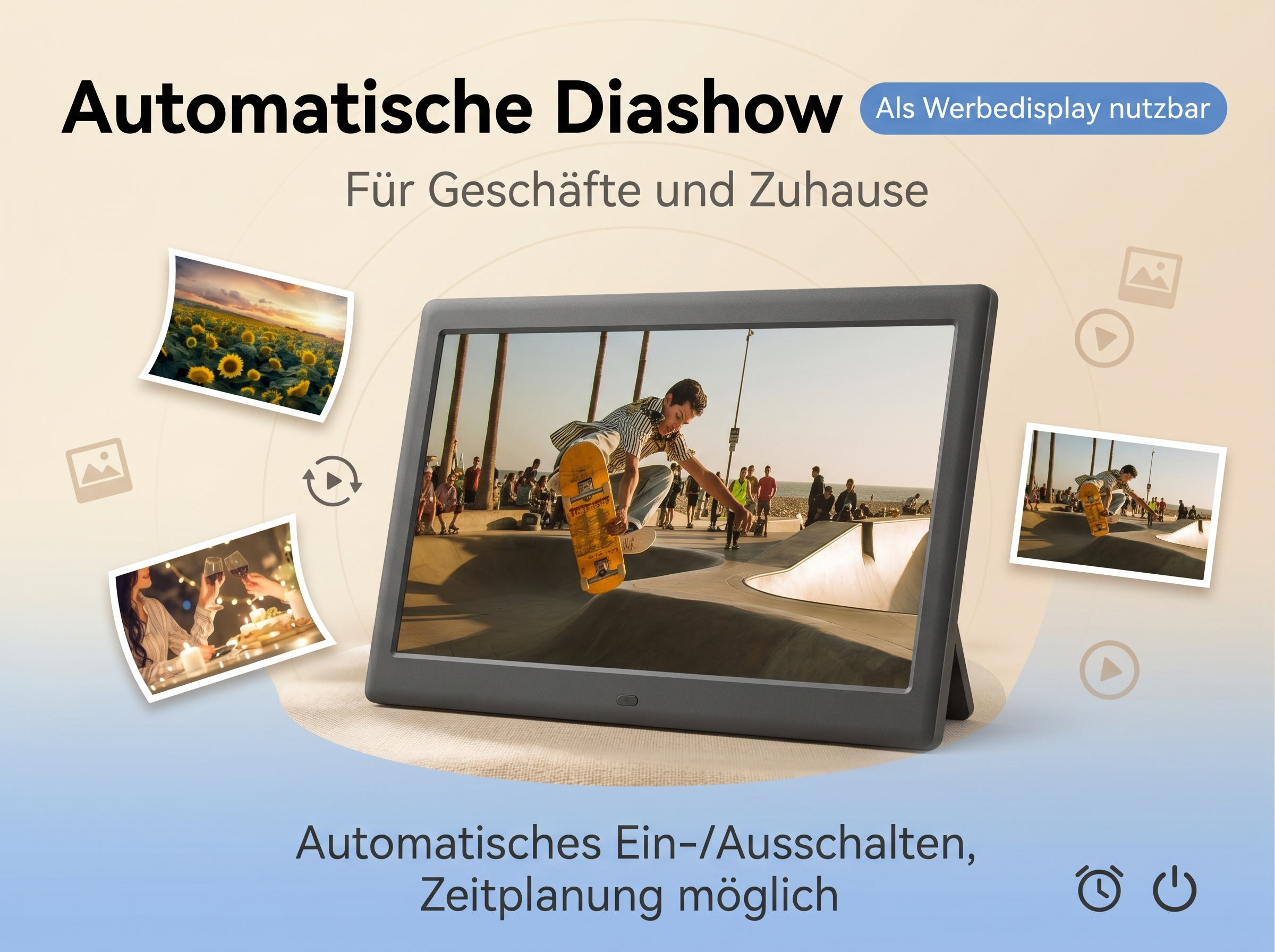 Digitale Fotorahmen-Werbung mit Skateboarder und Sonnenblumenfeld.