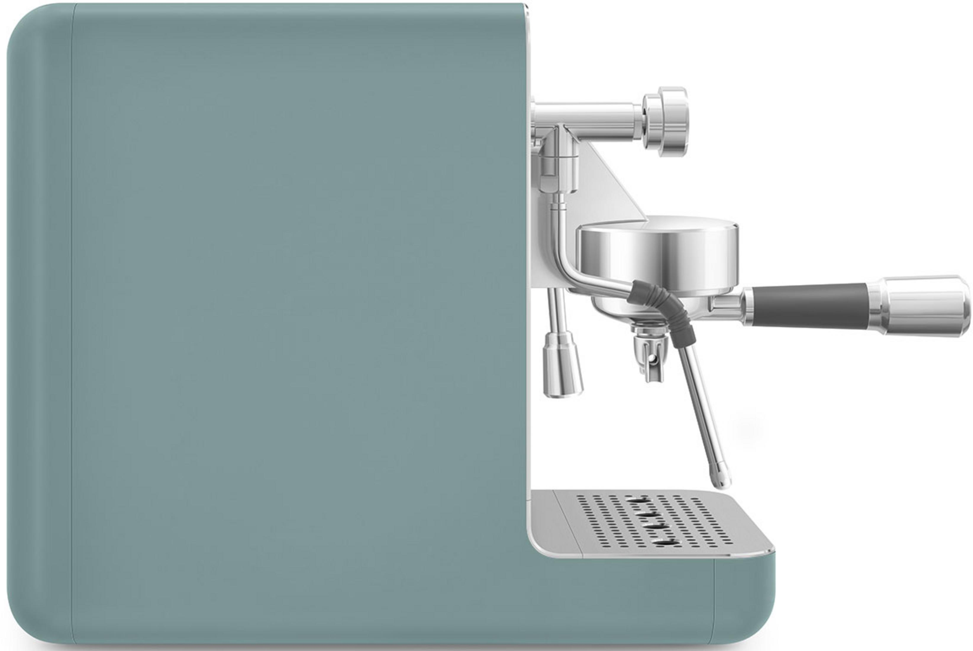 Eine blaue Espressomaschine mit Chromdetails, Seitenansicht.