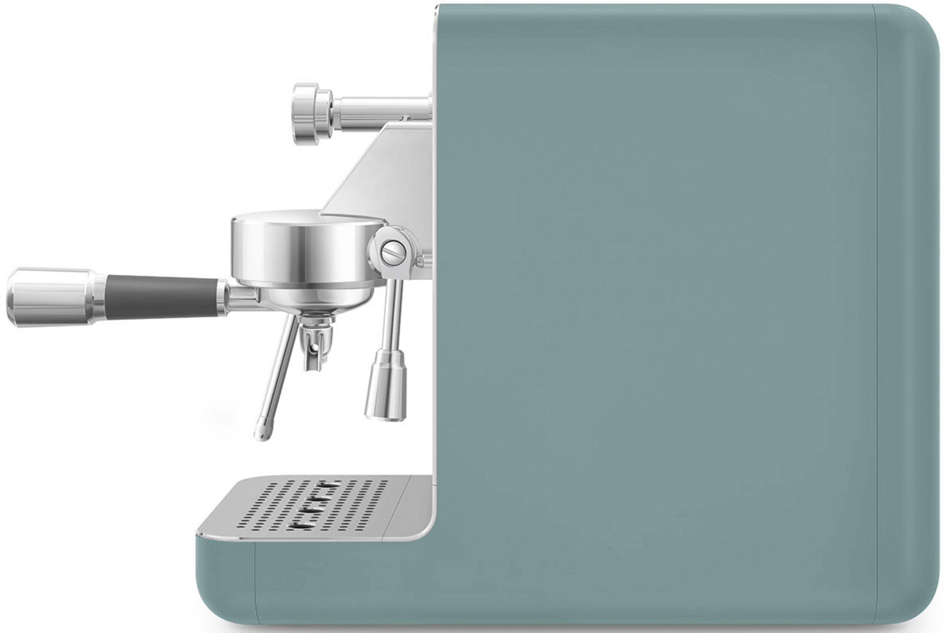 Eine blaue Espressomaschine mit silbernen Akzenten und einem Siebträger.