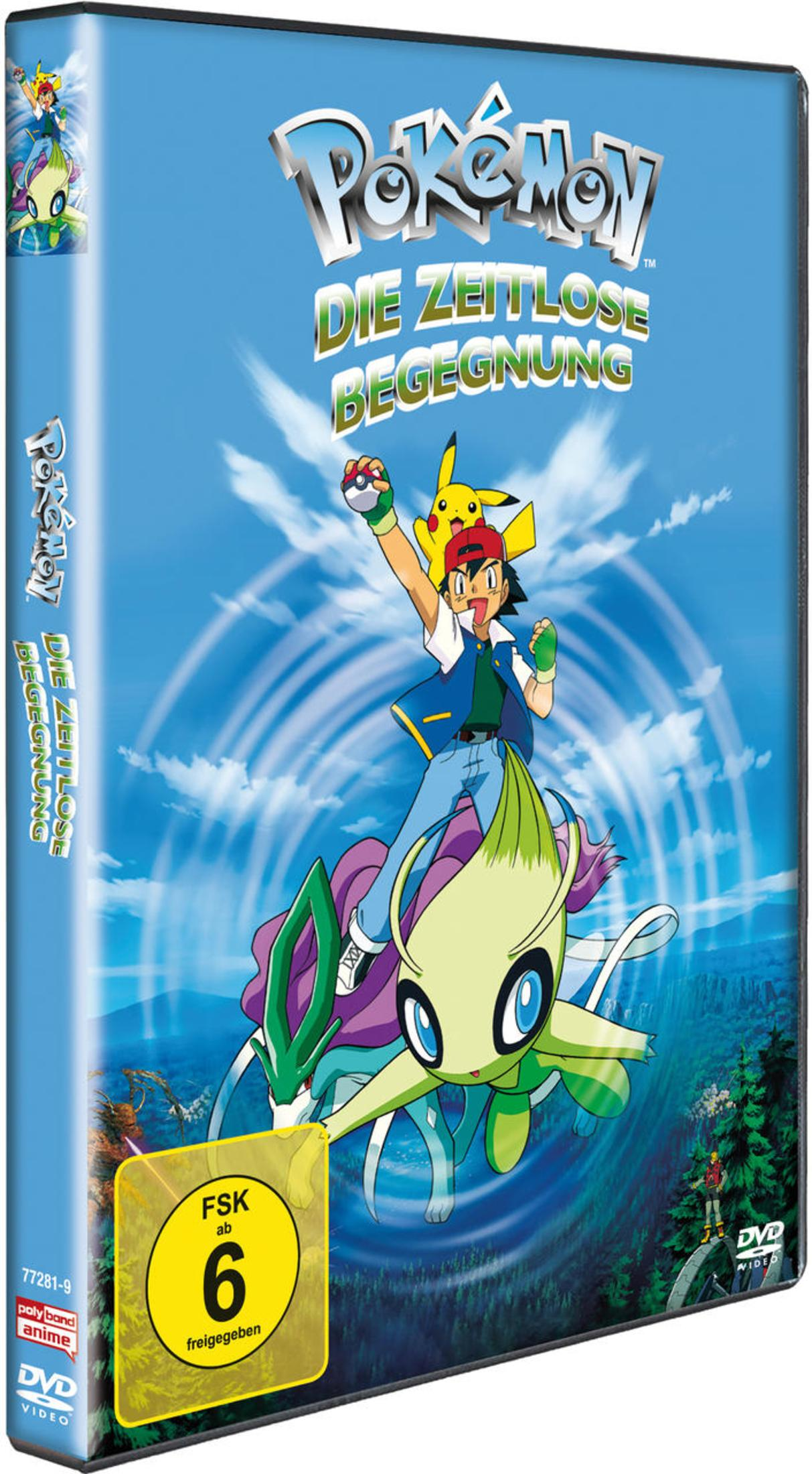 Ash und Pikachu reiten auf Celebi und Suicune vor blauem Himmel.