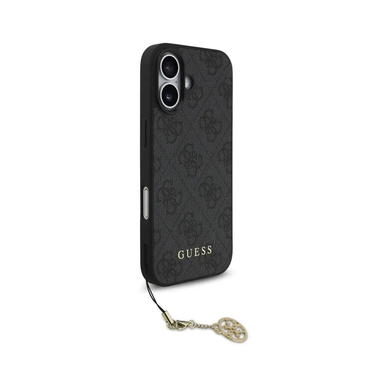 Custodia nera per telefono con logo GUESS e ciondolo, su sfondo bianco.