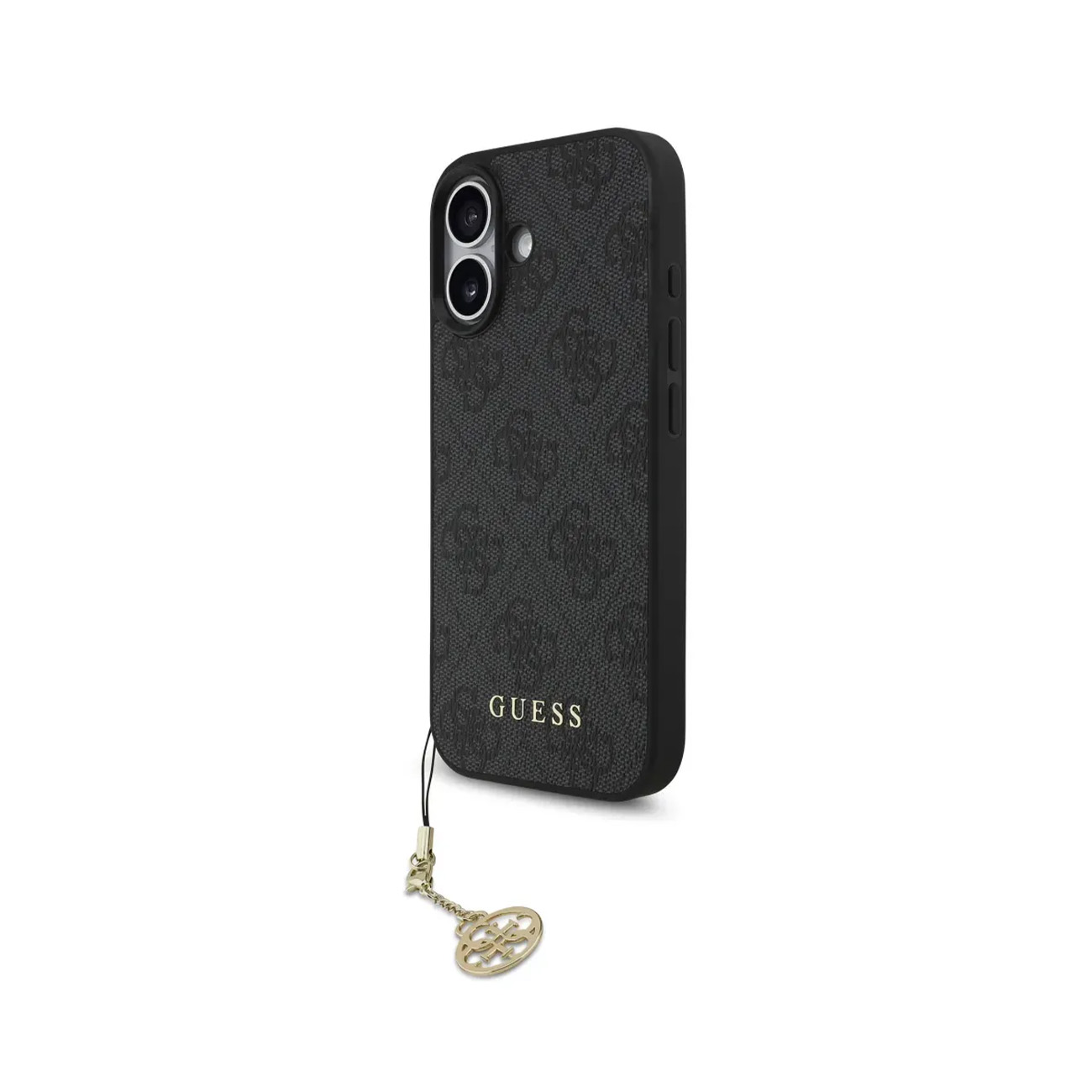 Custodia nera per telefono con logo Guess e ciondolo.