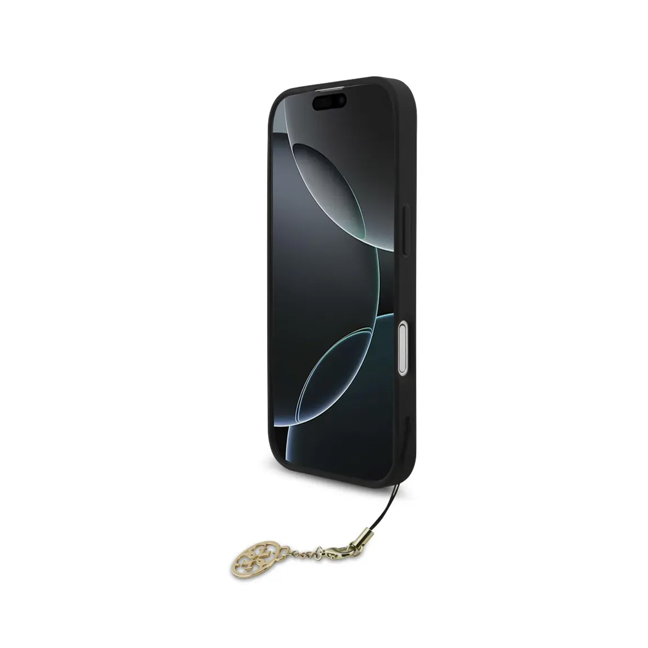Smartphone nero con charm Guess, isolato su sfondo bianco.