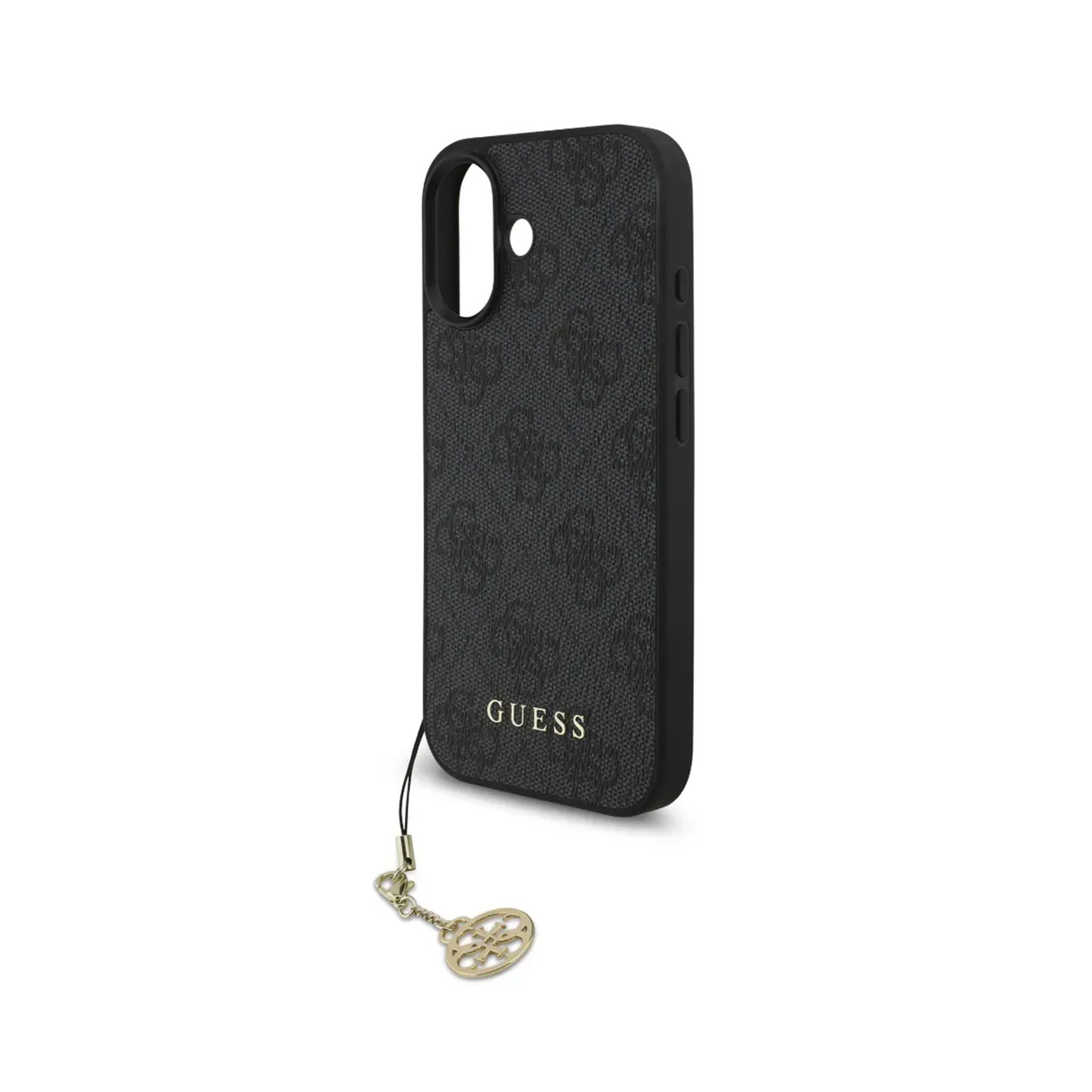 Custodia nera per telefono con motivo logo Guess e ciondolo.
