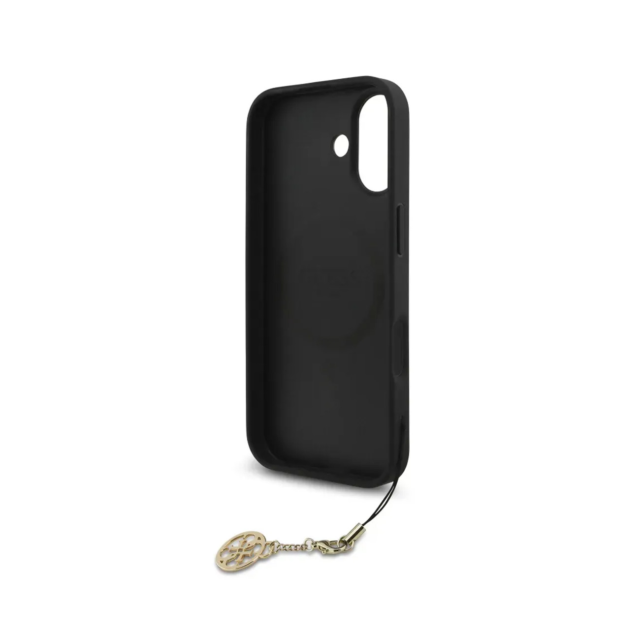 Custodia nera per telefono con charm logo dorato e catena.