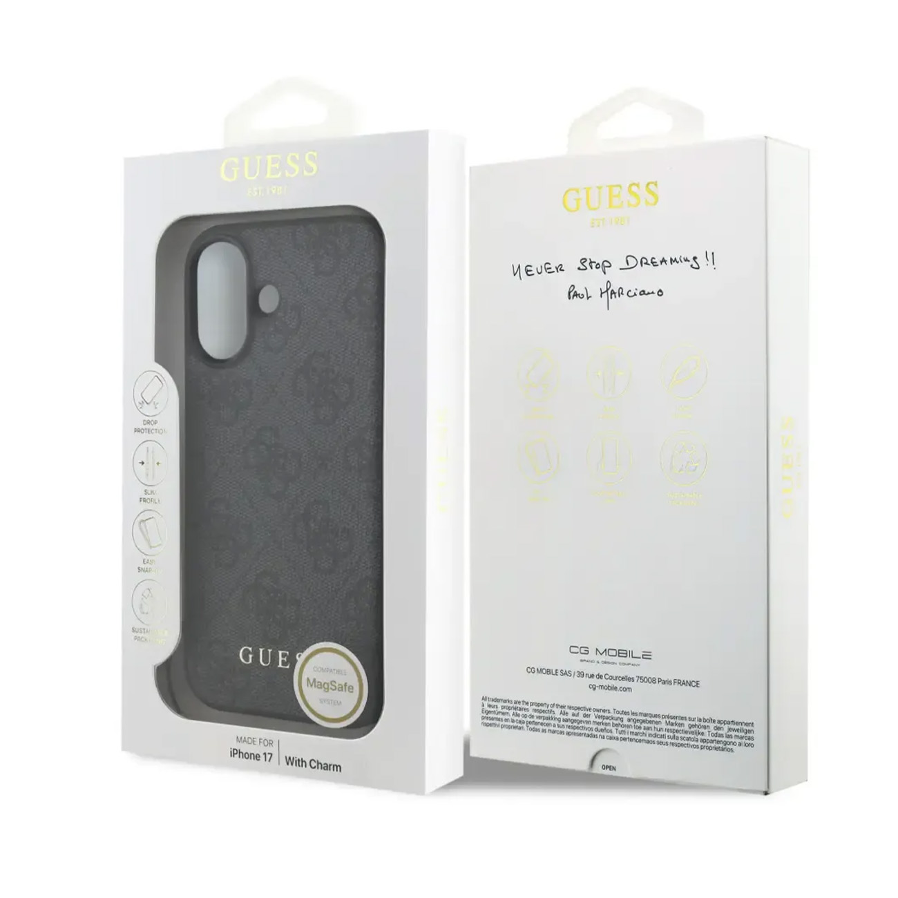 Custodia Guess iPhone 17 con MagSafe, grigia, con motivo logo e iscrizione.