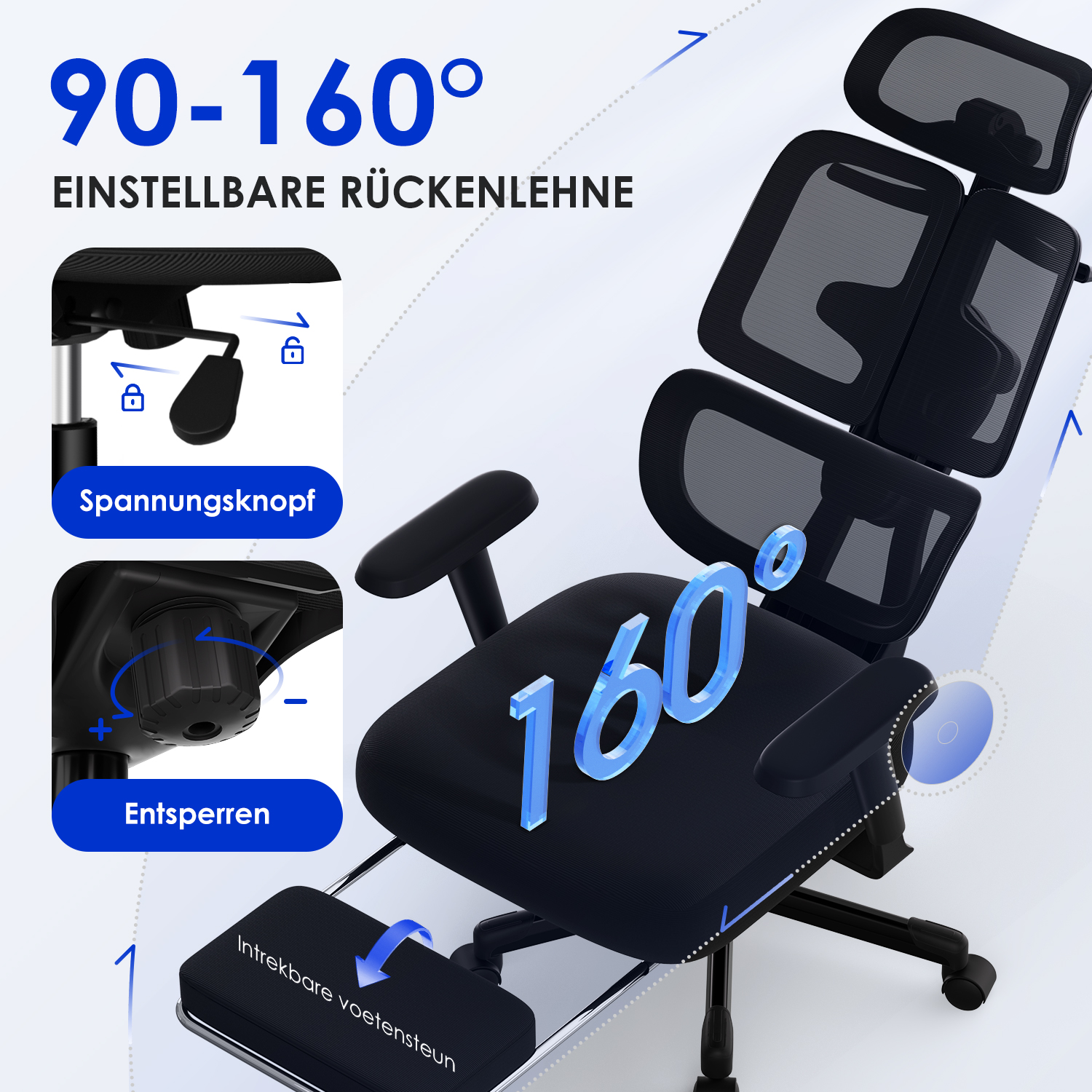 Schwarzer Bürostuhl mit verstellbarer Rückenlehne von 90-160 Grad und ausziehbarer Fußstütze.