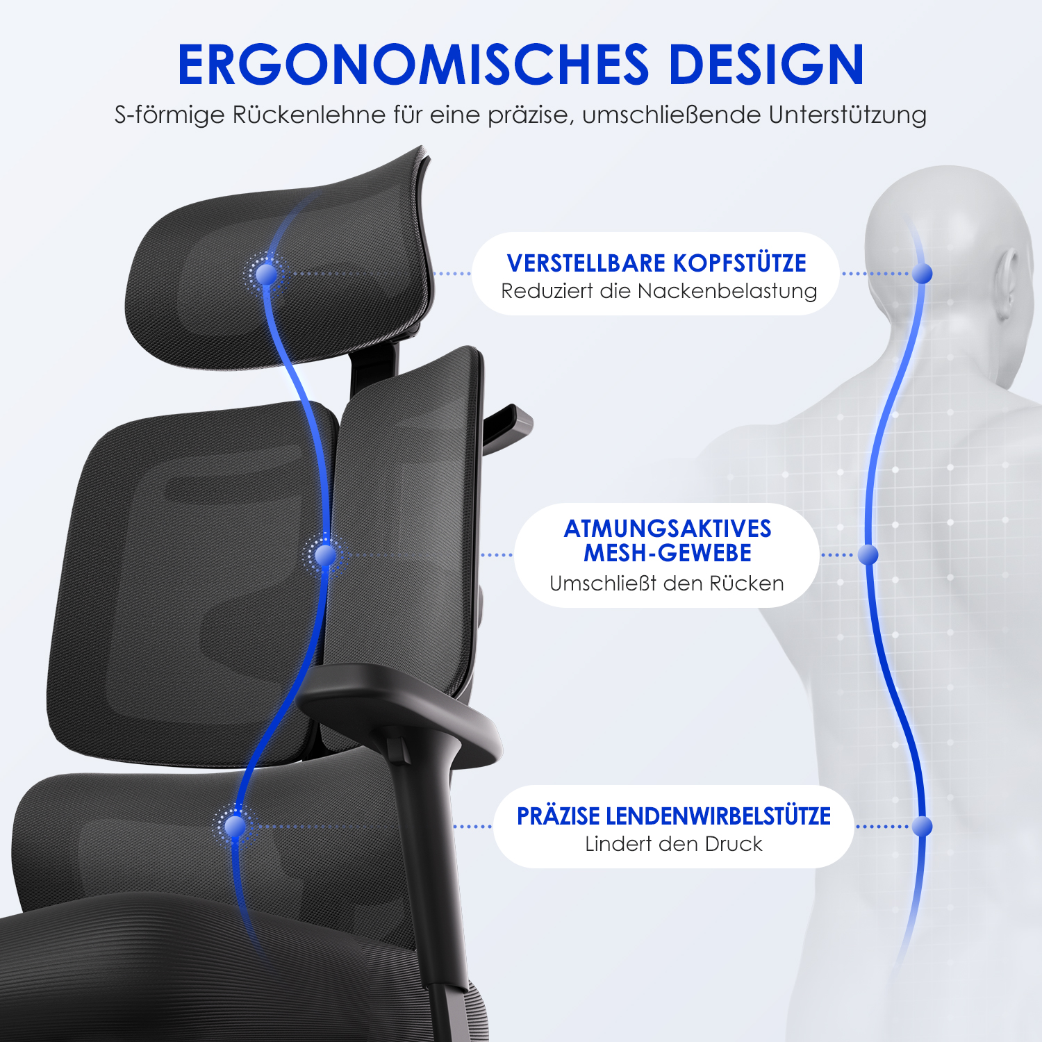 Ergonomischer Bürostuhl mit verstellbarer Kopfstütze, Mesh-Gewebe und Lendenwirbelstütze.
