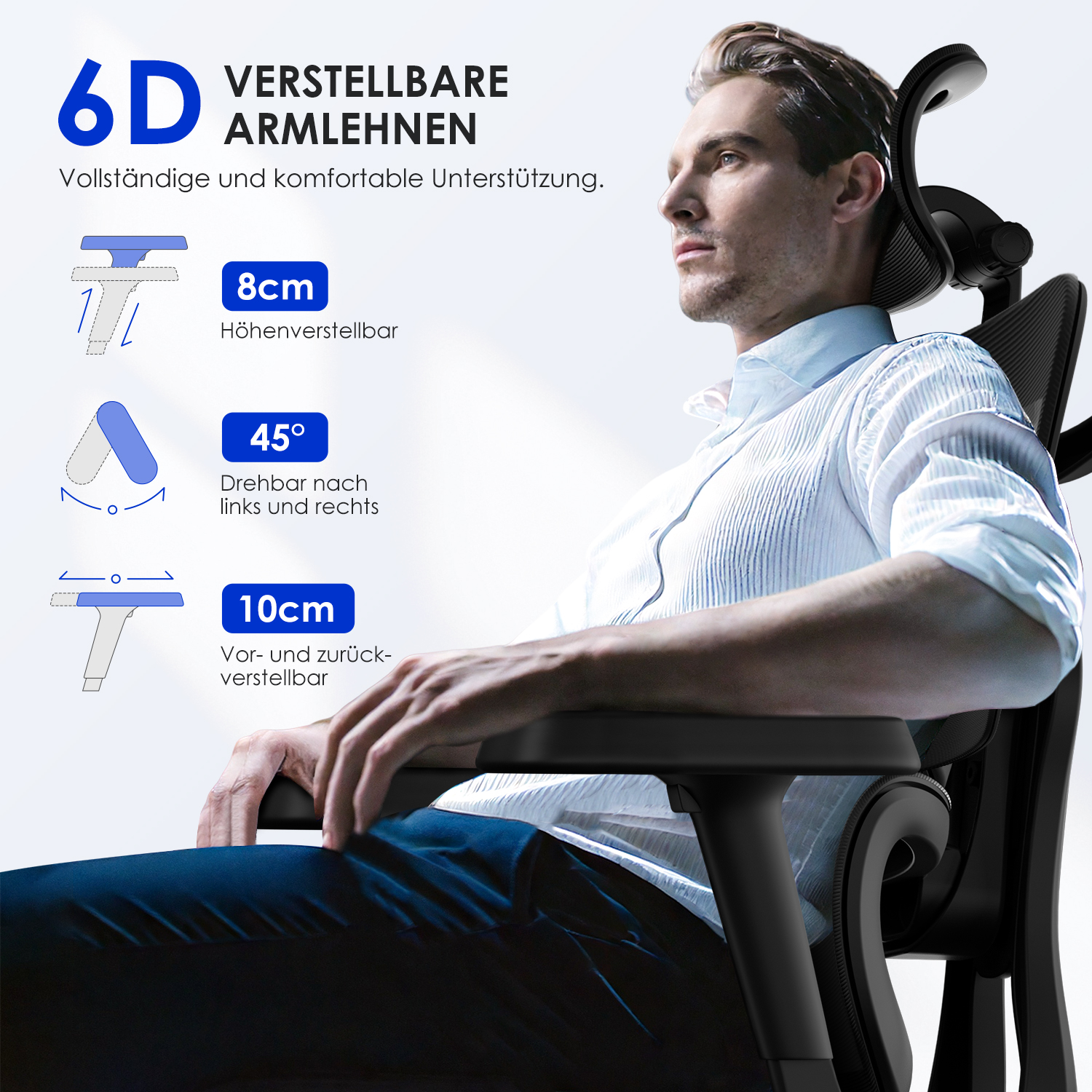 Ein Mann sitzt in einem Bürostuhl mit 6D verstellbaren Armlehnen.