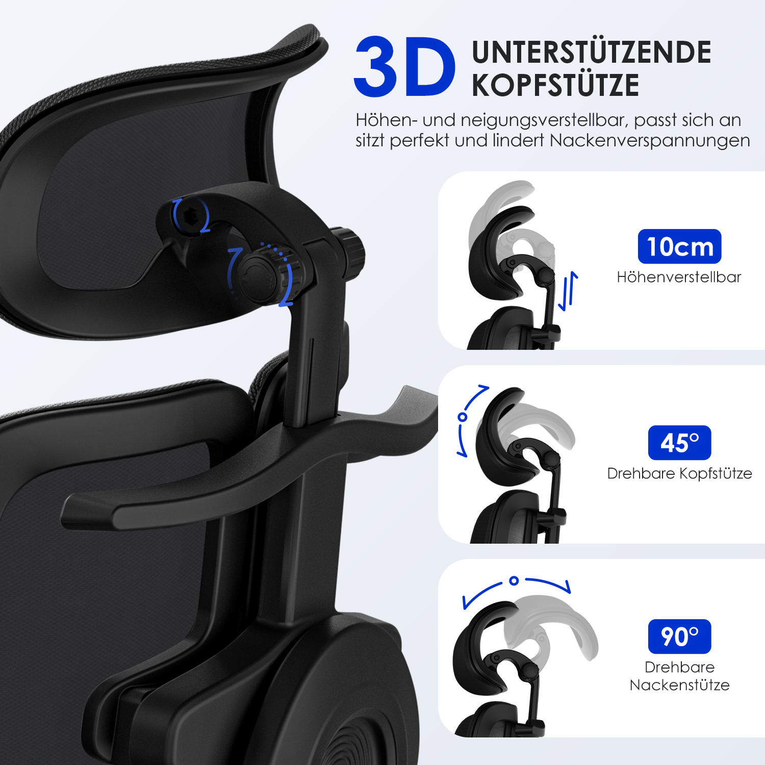 Verstellbare 3D-Kopfstütze für Bürostuhl mit Höhen-, Neigungs- und Drehfunktion.