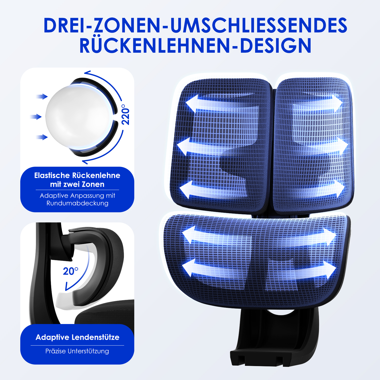 3-Zonen-Stuhllehne mit adaptiver Lendenstütze. Zeigt 220° Elastizität und 20° Lendenverstellung.