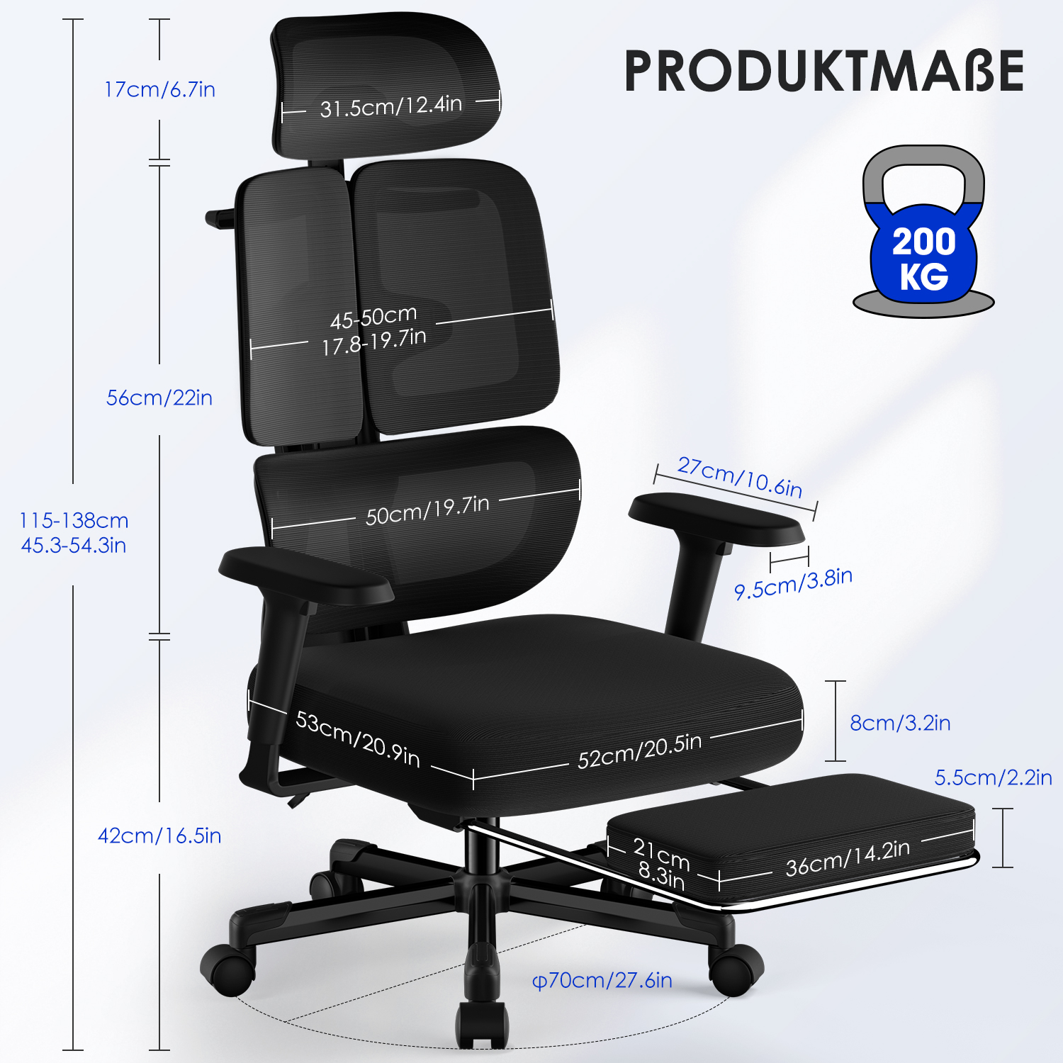 Schwarzer ergonomischer Bürostuhl mit detaillierten Abmessungen und 200kg Gewichtslimit.