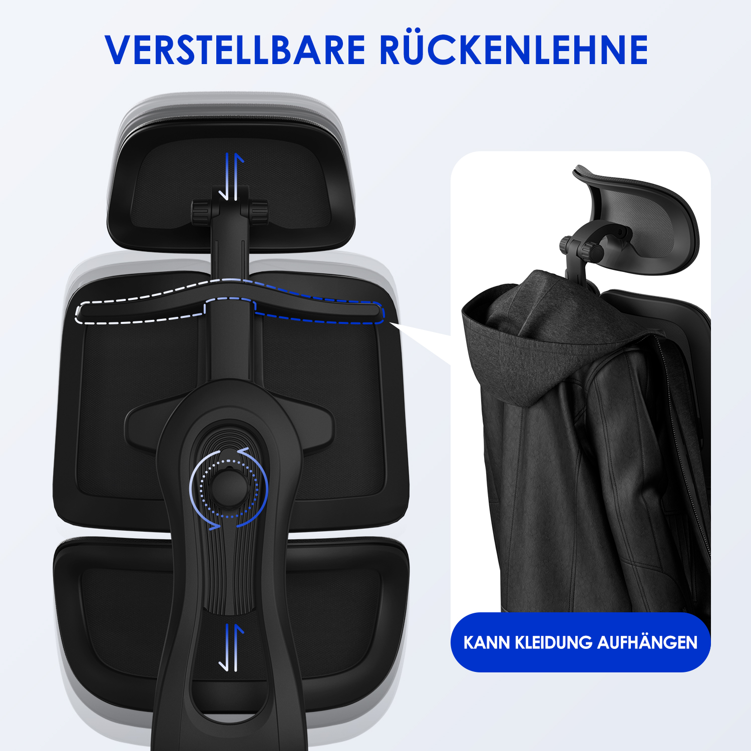 Verstellbare Rückenlehne mit Kleiderbügel-Funktion.