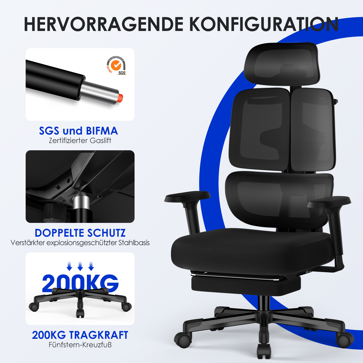 Schwarzer Bürostuhl mit SGS- und BIFMA-Zertifizierung, 200kg Tragkraft.