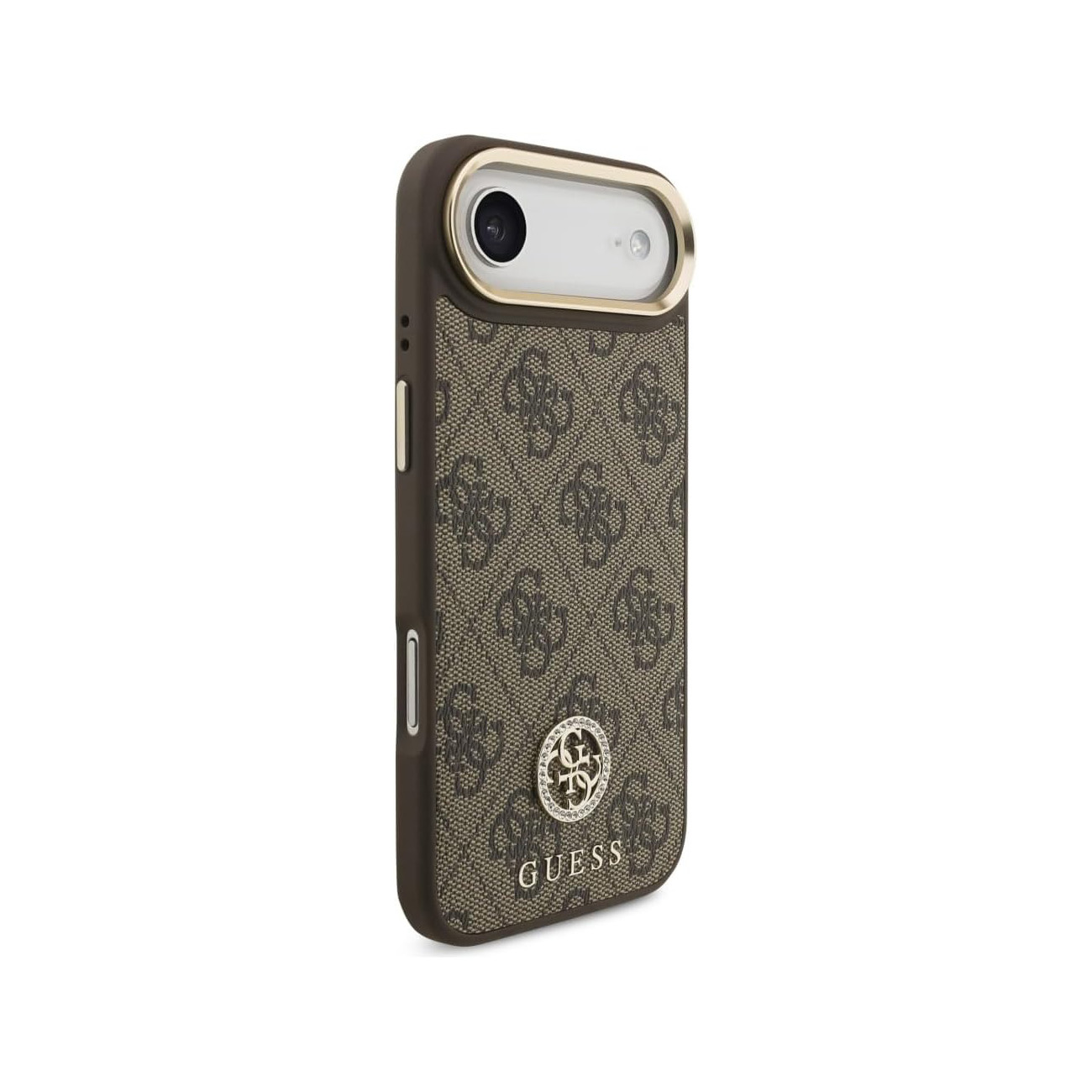 Funda marrón Guess para teléfono con patrón de logo repetido y borde dorado en cámara.