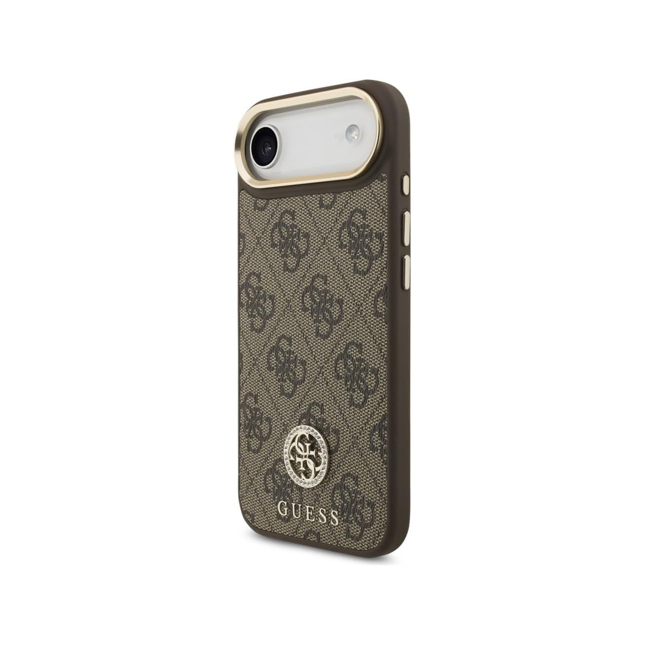 Funda de teléfono marrón con logo GUESS y estampado monograma.