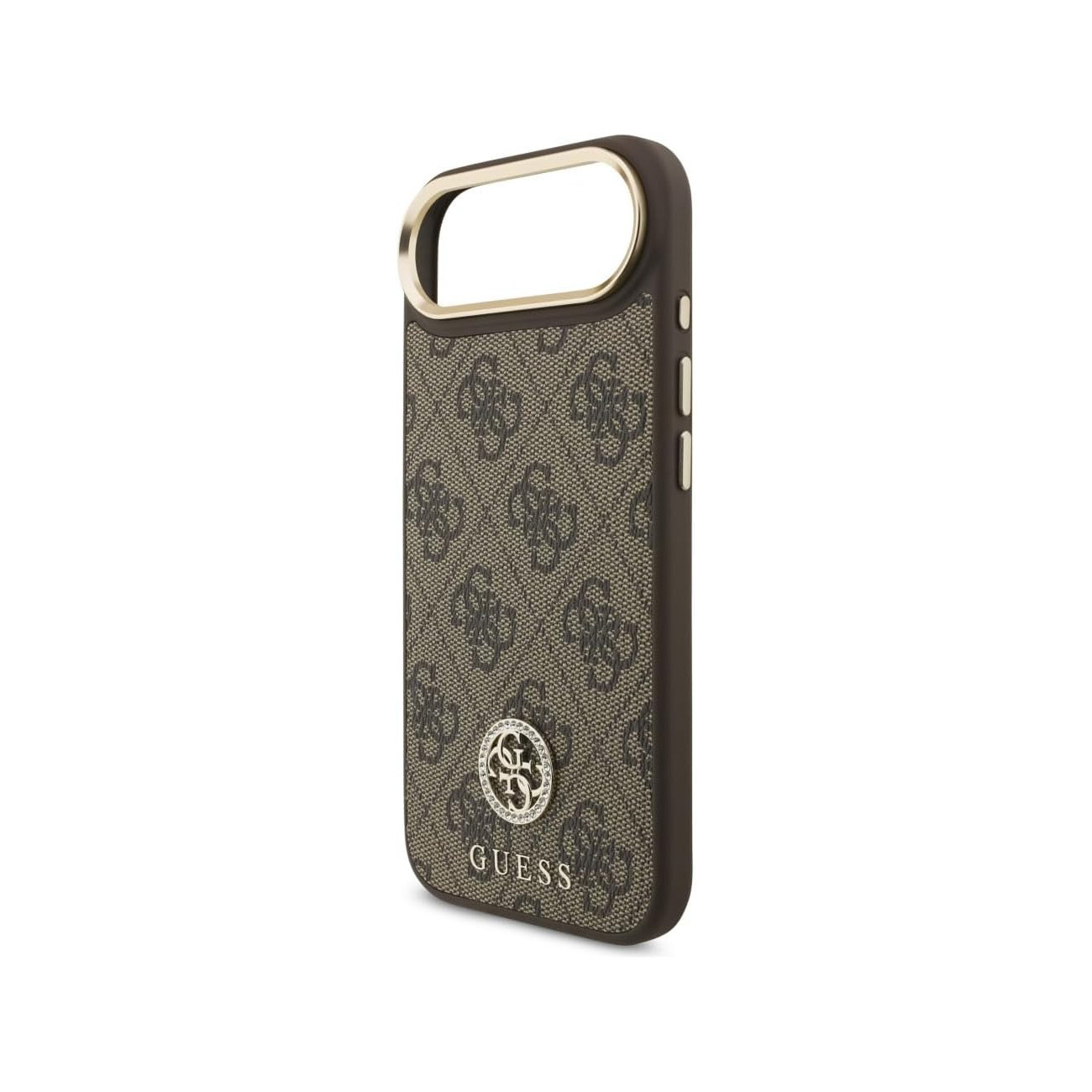 Funda de teléfono marrón con estampado de logo Guess y borde dorado.