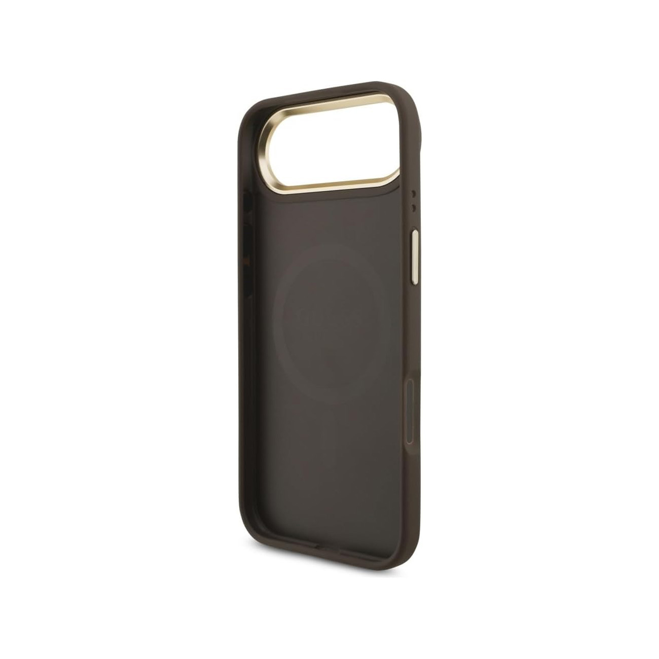 Funda de teléfono gris oscuro con anillo de cámara dorado, fondo blanco.