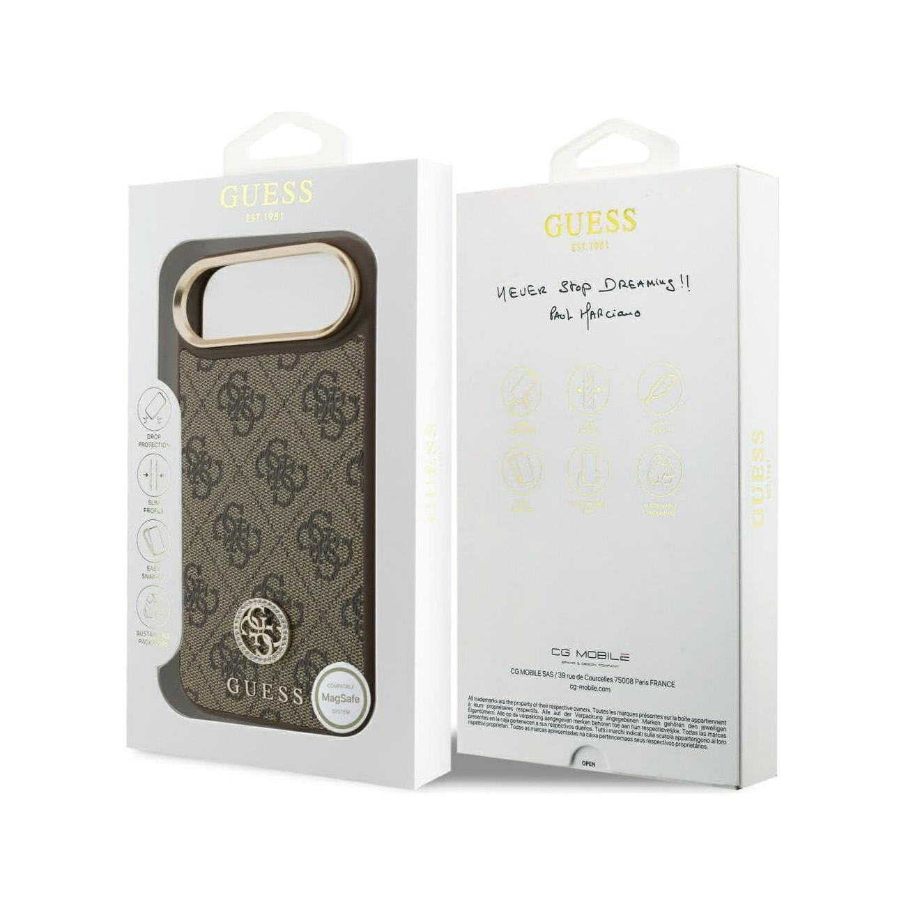 Funda Guess con estampado de monograma marrón y beige, compatible con MagSafe.