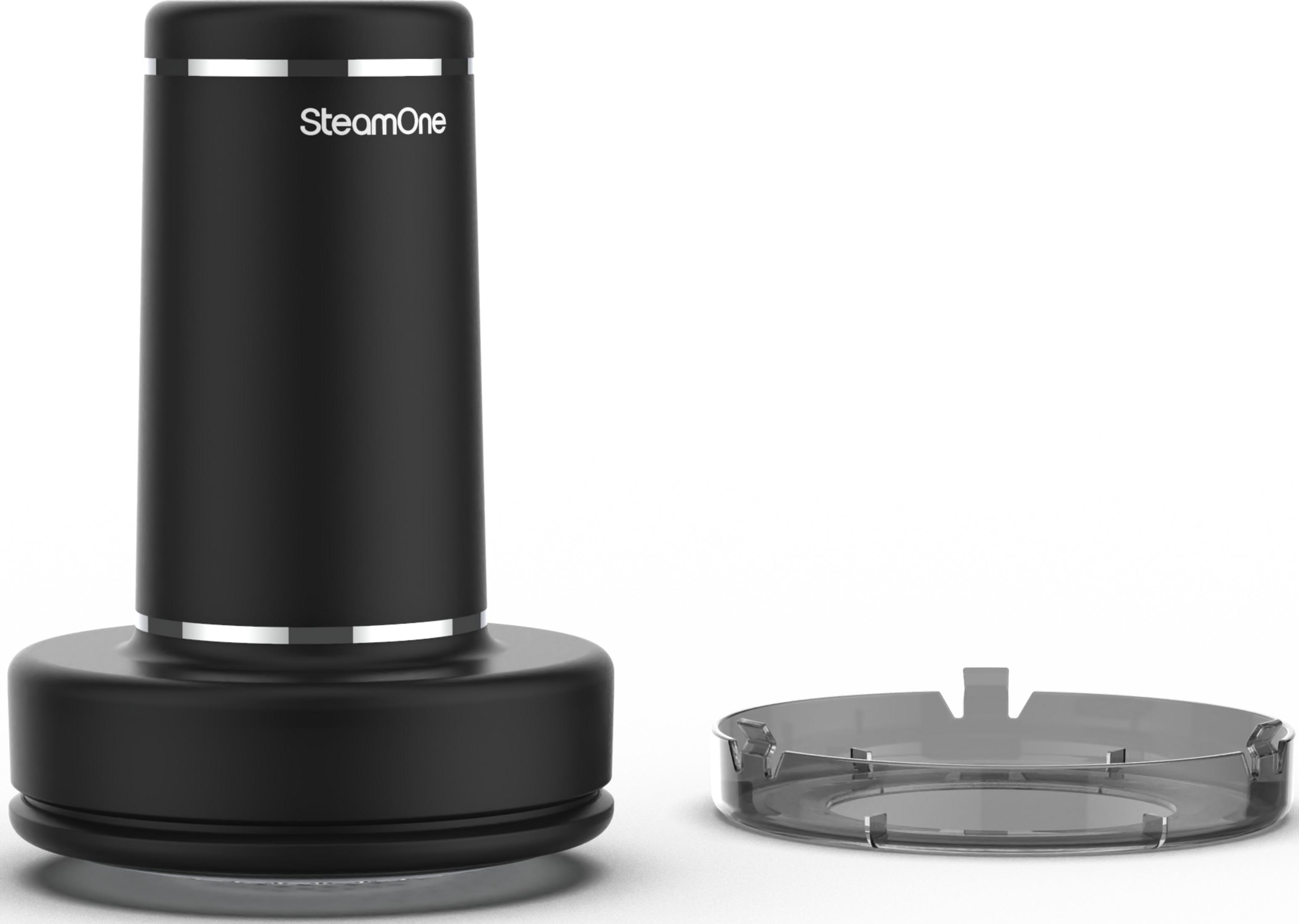 Appareil vapeur noir avec accents argentés et base transparente séparée.