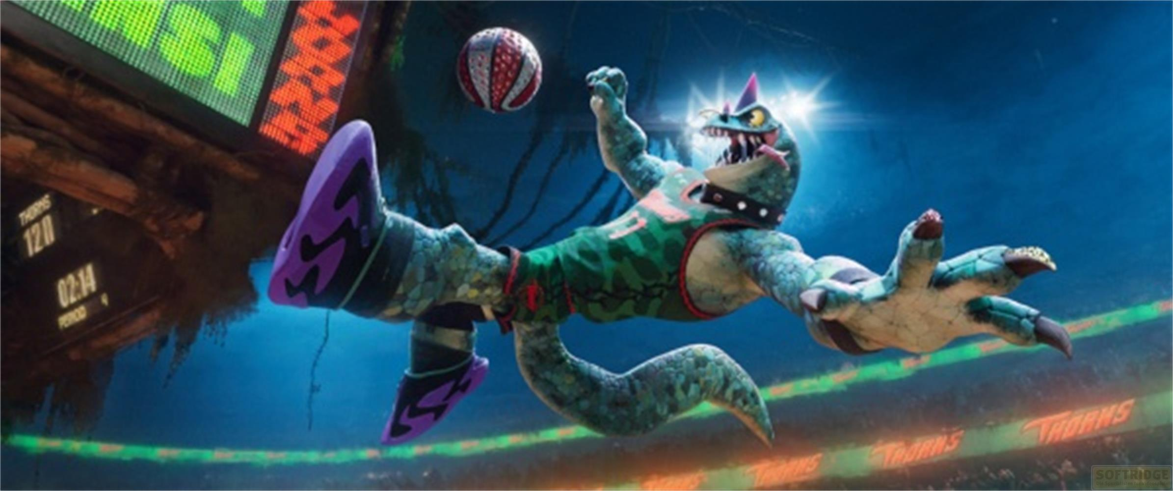 Ein Cartoon-Dinosaurier in Basketballuniform springt mit einem Ball.