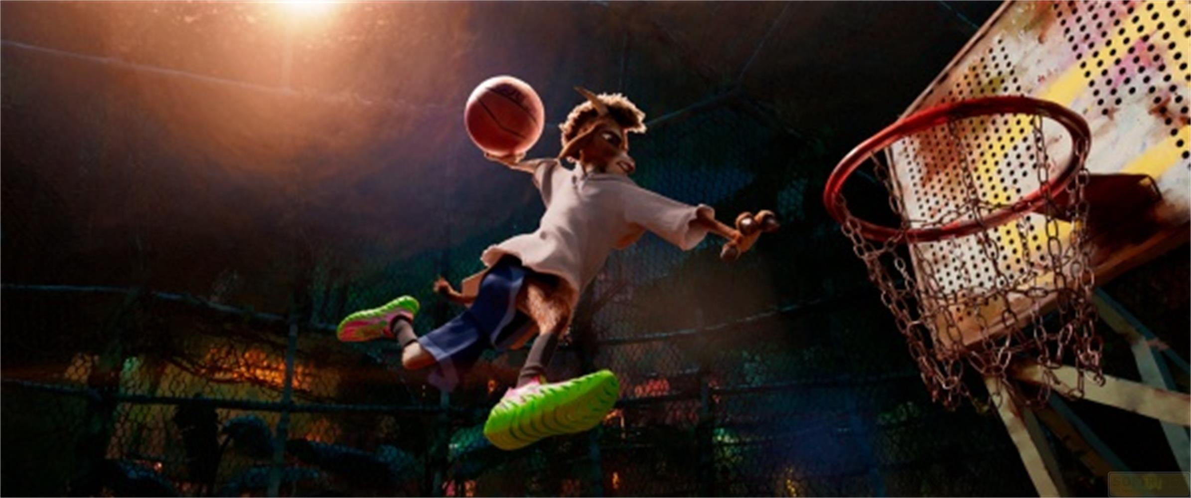 Ein anthropomorphes Tier wirft einen Basketball in einen Korb. Dunking-Aktion.