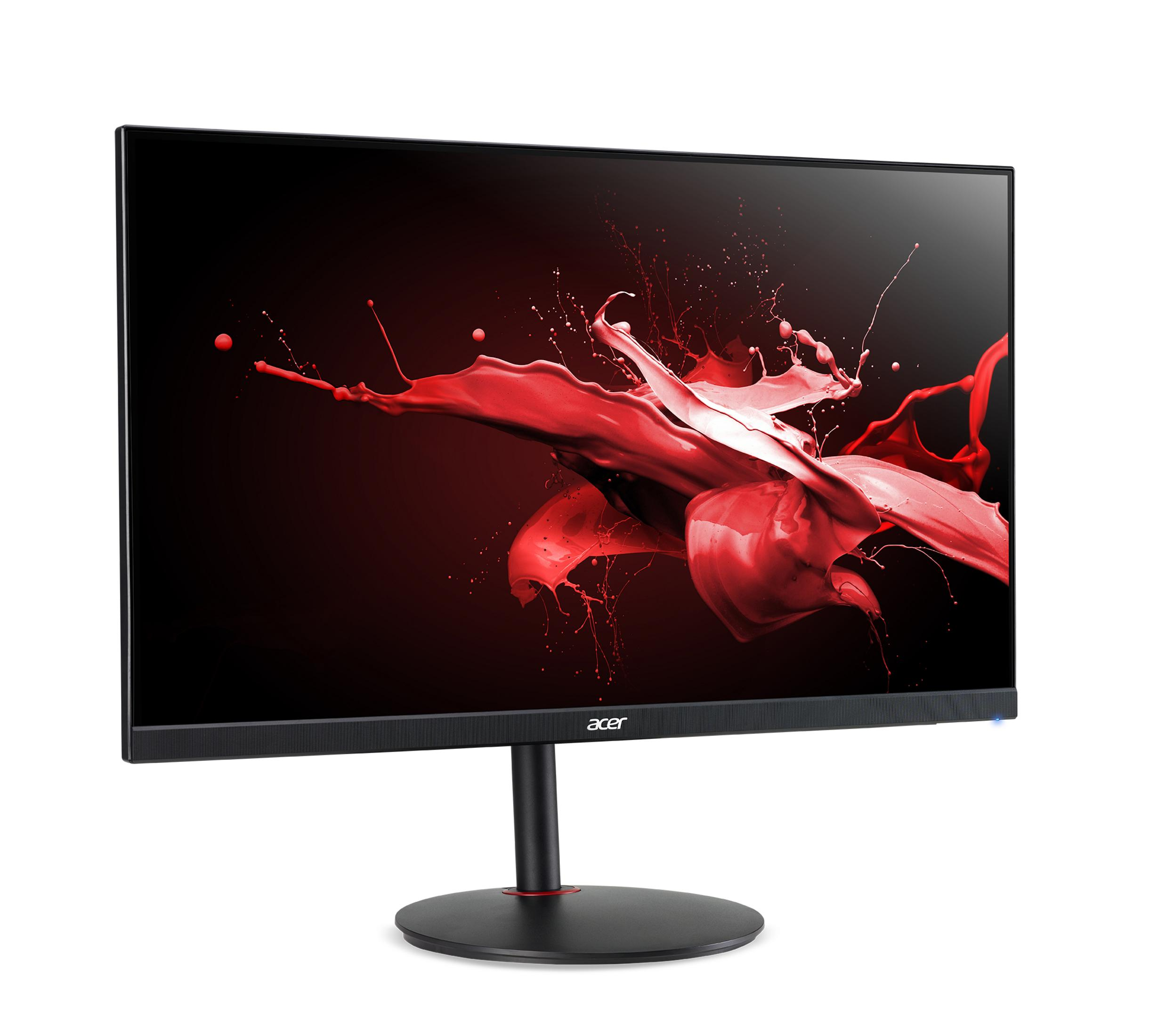 Ein Acer-Monitor mit einem dynamischen roten Farbspritzer-Hintergrundbild.
