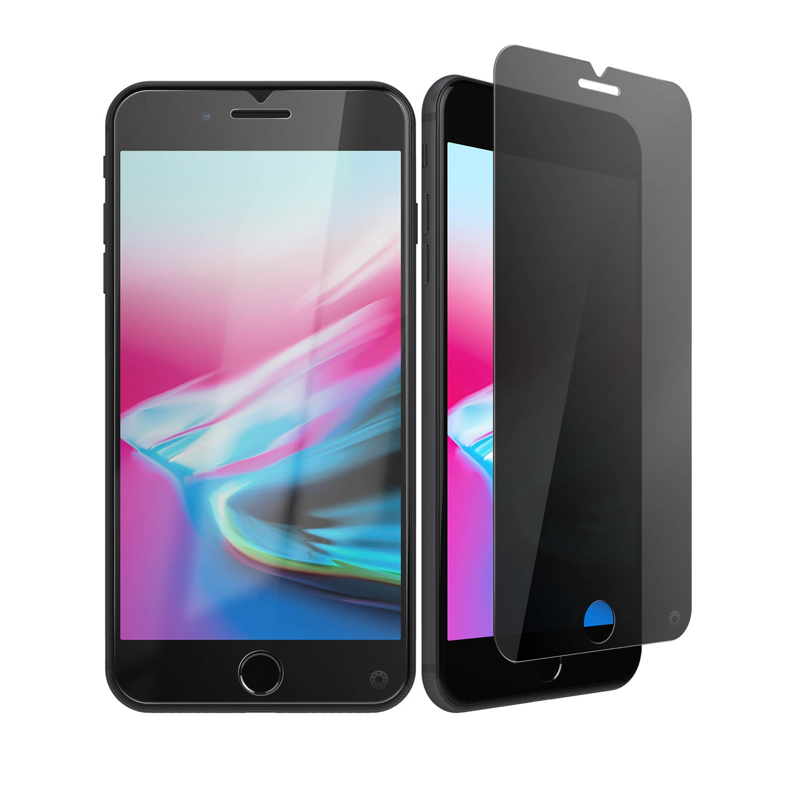 Twee zwarte smartphones naast elkaar. Eén heeft een privacy screenprotector.
